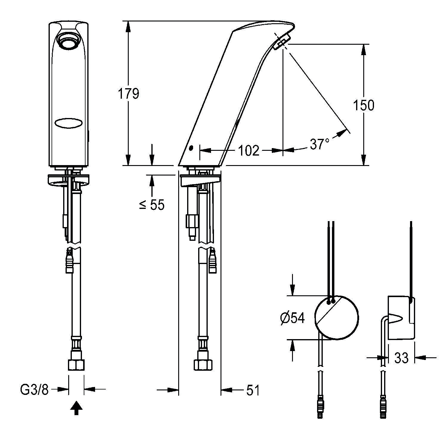 Technische Zeichnung eines Wasserhahns mit Maßangaben: Höhe 179 mm, Auslauflänge 102 mm und ein Winkel von 37°. Enthält Installationsmessungen.