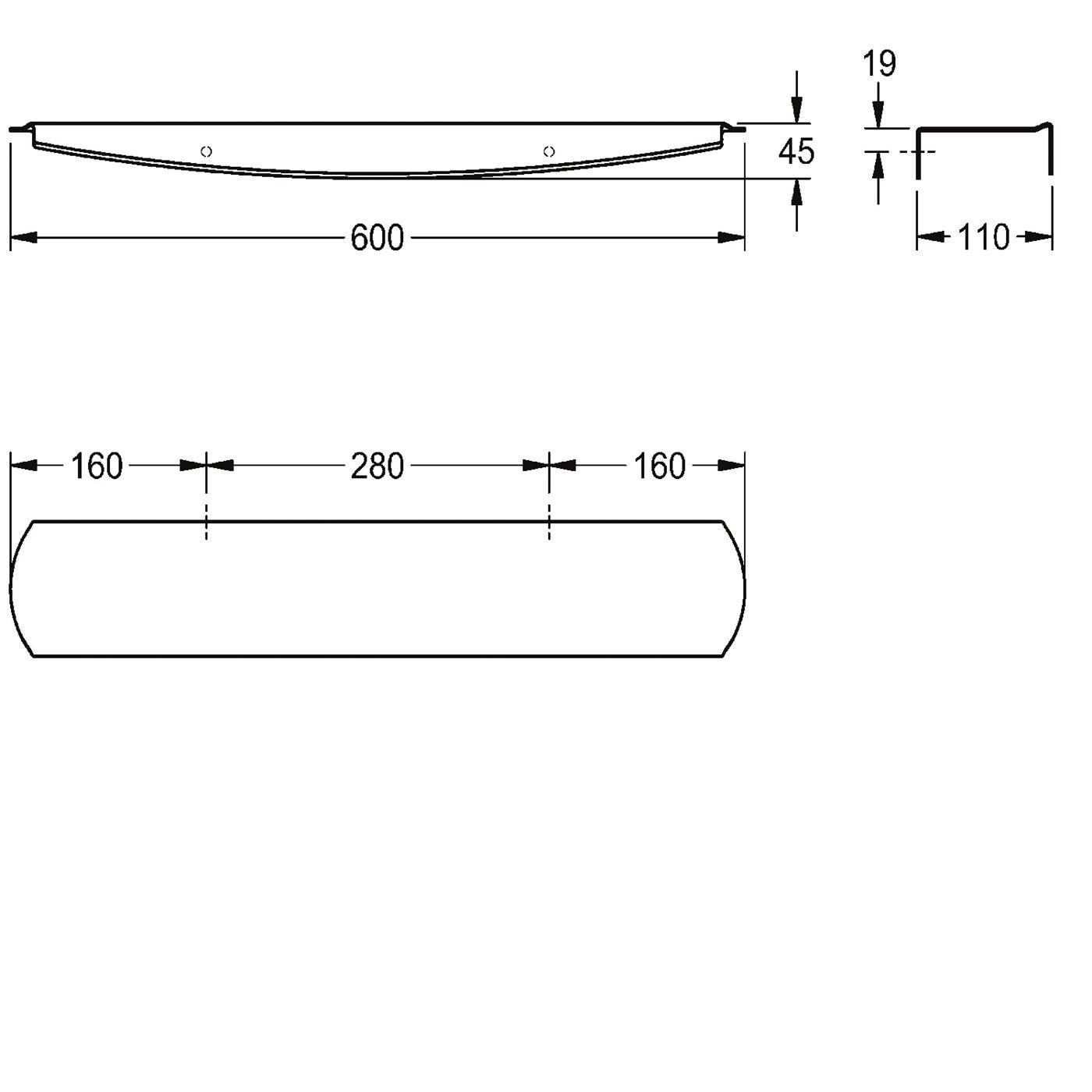 Technische Zeichnung einer gekrümmten Stange oder eines Griffes mit folgenden Abmessungen: 600 mm Länge, 45 mm Höhe, 110 mm Tiefe, mit einer 160-280-160 mm Aufteilung in der Unteransicht.