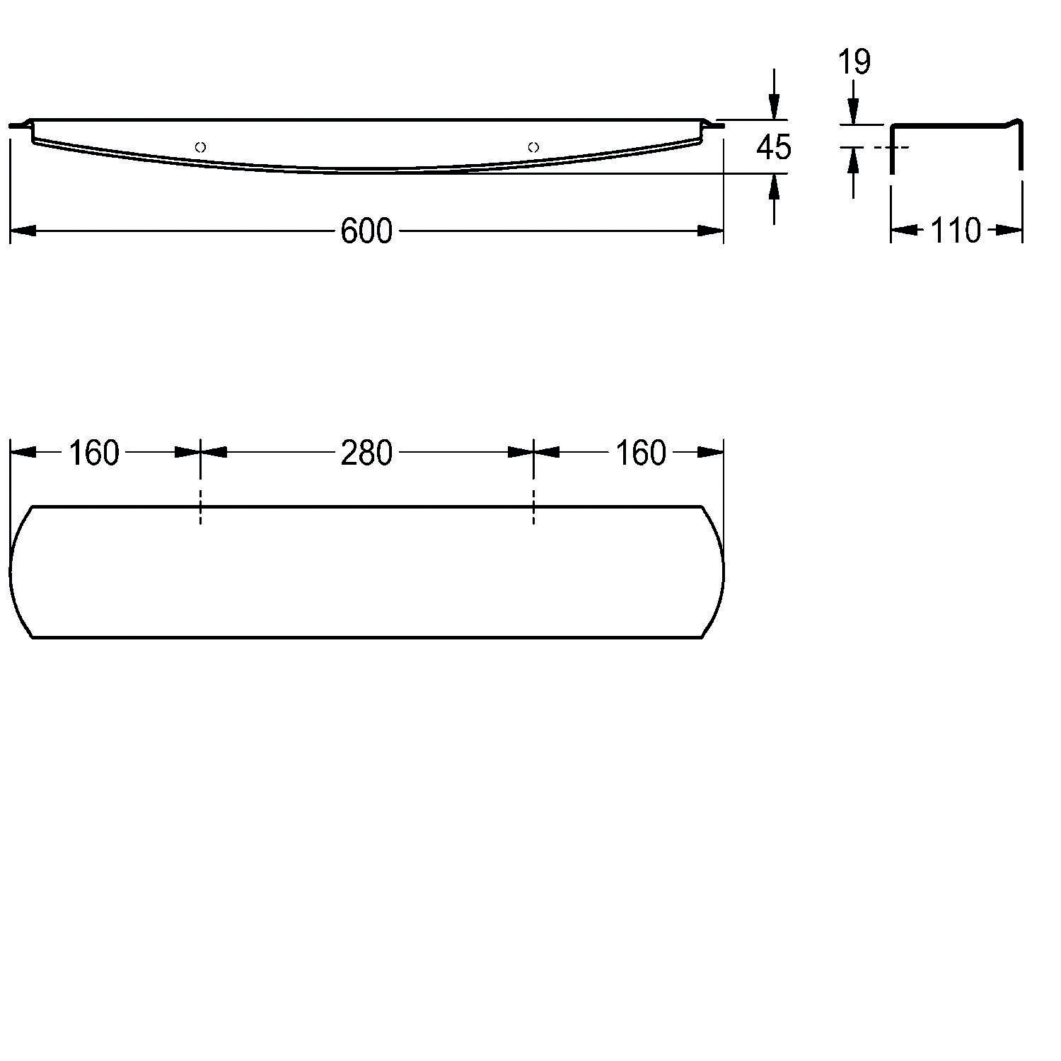 Technische Zeichnung zur Darstellung der Abmessungen eines Regals. Das Regal ist 600 mm breit, 110 mm tief und 19 mm hoch, mit Befestigungspunkten im Abstand von 160 mm.