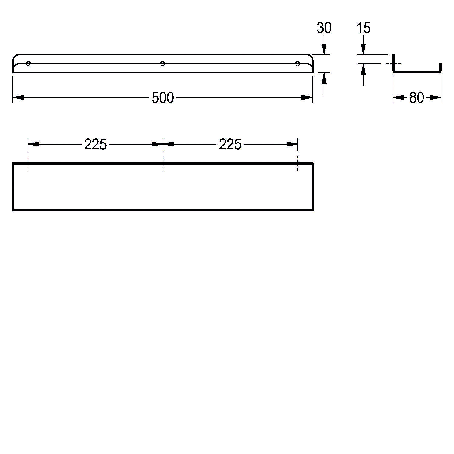 Technische Zeichnung eines rechteckigen Objekts mit Abmessungen: 500 mm Breite, 80 mm Höhe, in Abschnitte von 225 mm unterteilt und mit markierten Details.