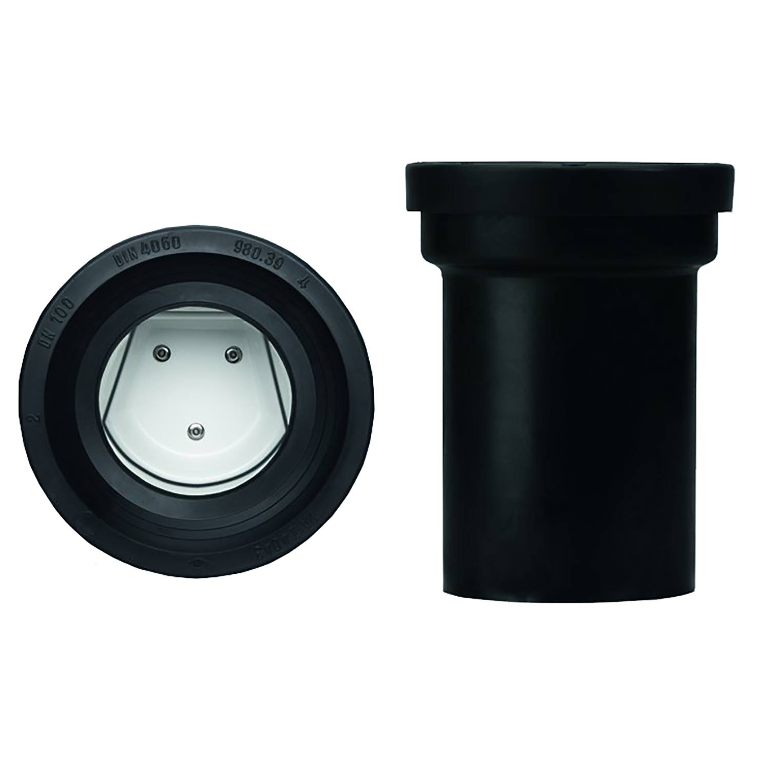 Zwei schwarze PVC-Rohranschlüsse; einer mit offener Seite, die einen weißen Innenraum zeigt, der andere mit geschlossenem Ende, vor einem weißen Hintergrund dargestellt.
