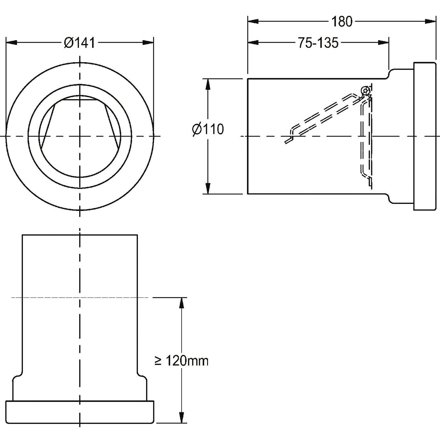 Technische Zeichnung eines zylindrischen Bauteils mit Draufsicht, Seitenansicht und Vorderansicht, die Abmessungen Ø141, Ø110, 180, 75–135 und Höhe ≥120 mm zeigt.