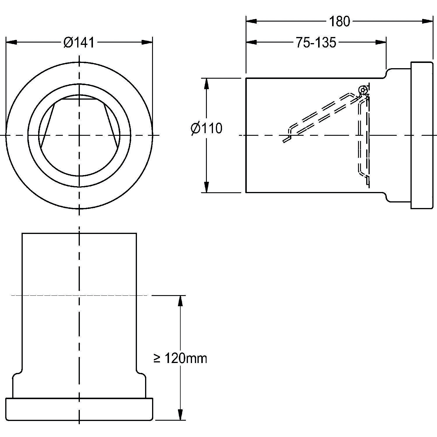 Technische Zeichnung eines 110mm Abwasserrohrverbinders mit detaillierten Maßangaben: Durchmesser Ø141mm und Ø110mm, verstellbare Länge 75-135mm und Höhe ≥120mm.