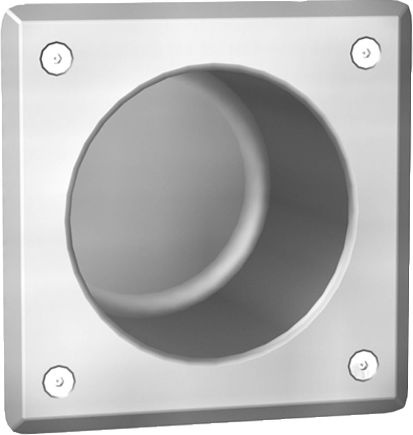 Eine quadratische Metallabdeckung für einen Lautsprecher mit einer kreisförmigen Öffnung in der Mitte, die durch vier Schrauben an den Ecken befestigt ist, an einer Wand.