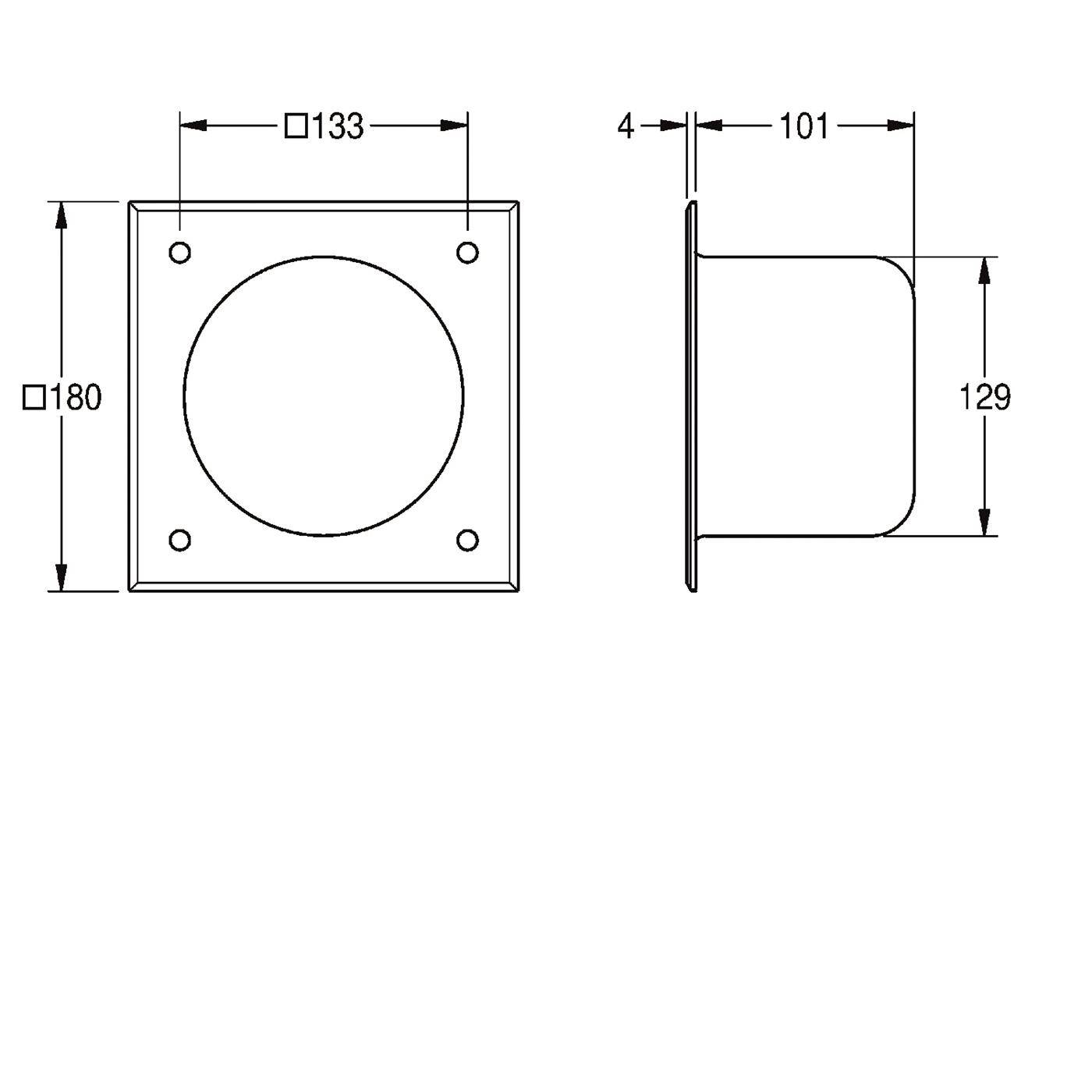 Technische Zeichnung einer quadratischen Lüftungsabdeckung: 180 mm Gesamtgröße, 133 mm Öffnung, 4 Ecklöcher, 4 mm Flansch, 101 mm Tiefe, 129 mm Höhe.