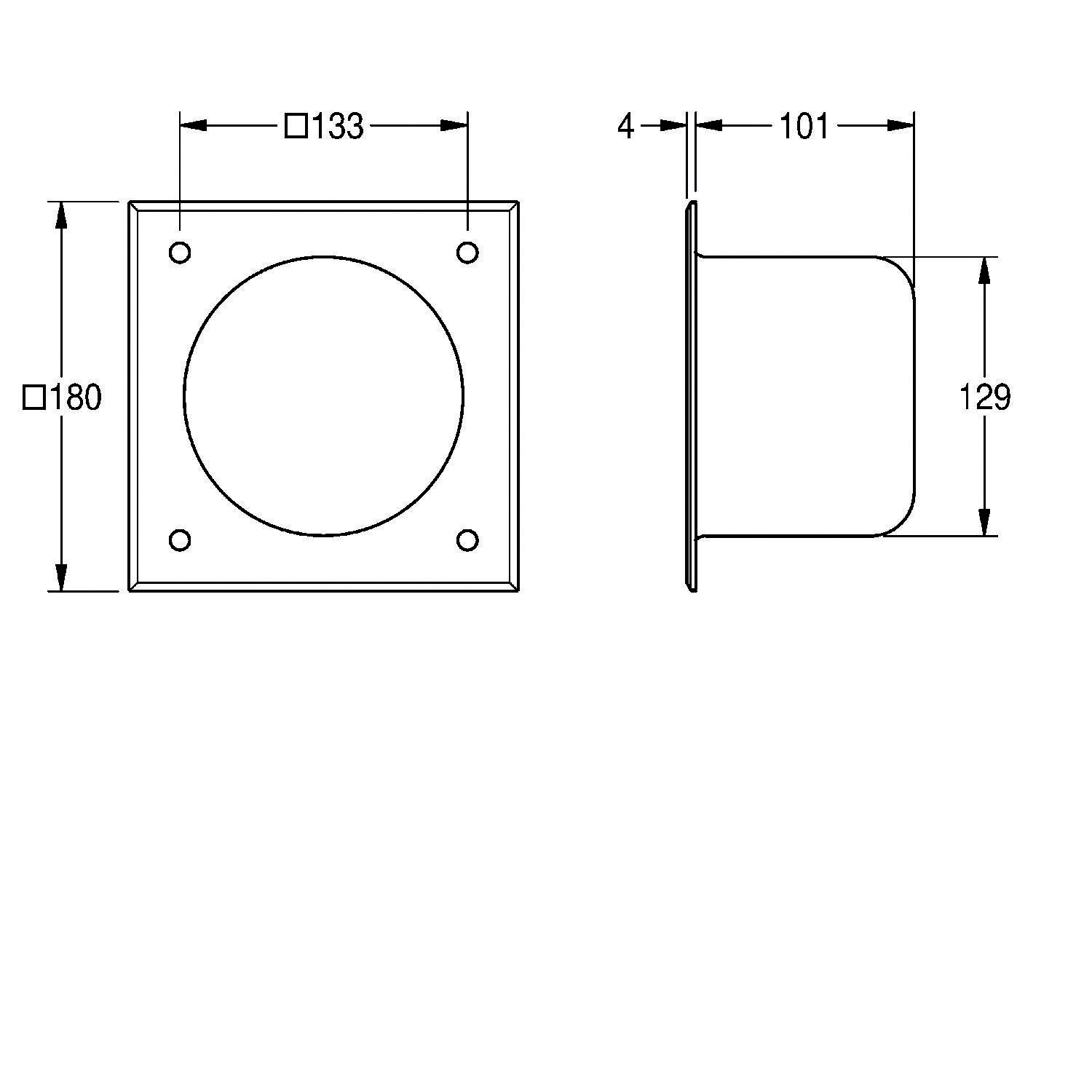 Technische Zeichnung einer zylindrischen Komponente mit quadratischer Grundplatte. Maße: Grundfläche 180x180 mm, Zylinderdurchmesser 133 mm, Höhe 129 mm.