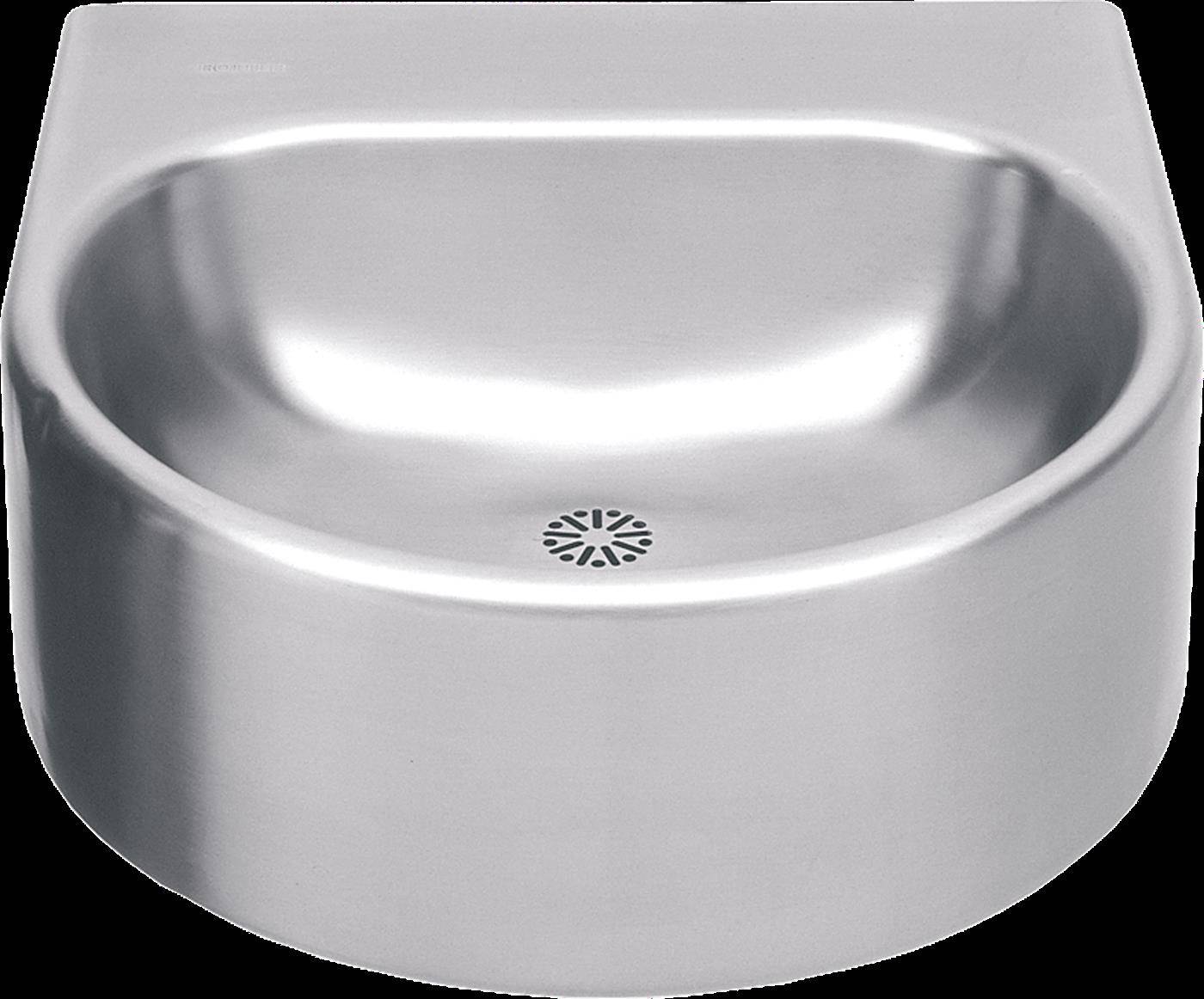 Wandmontiertes Edelstahlwaschbecken mit abgerundeter rechteckiger Schüssel und zentralem Abfluss.