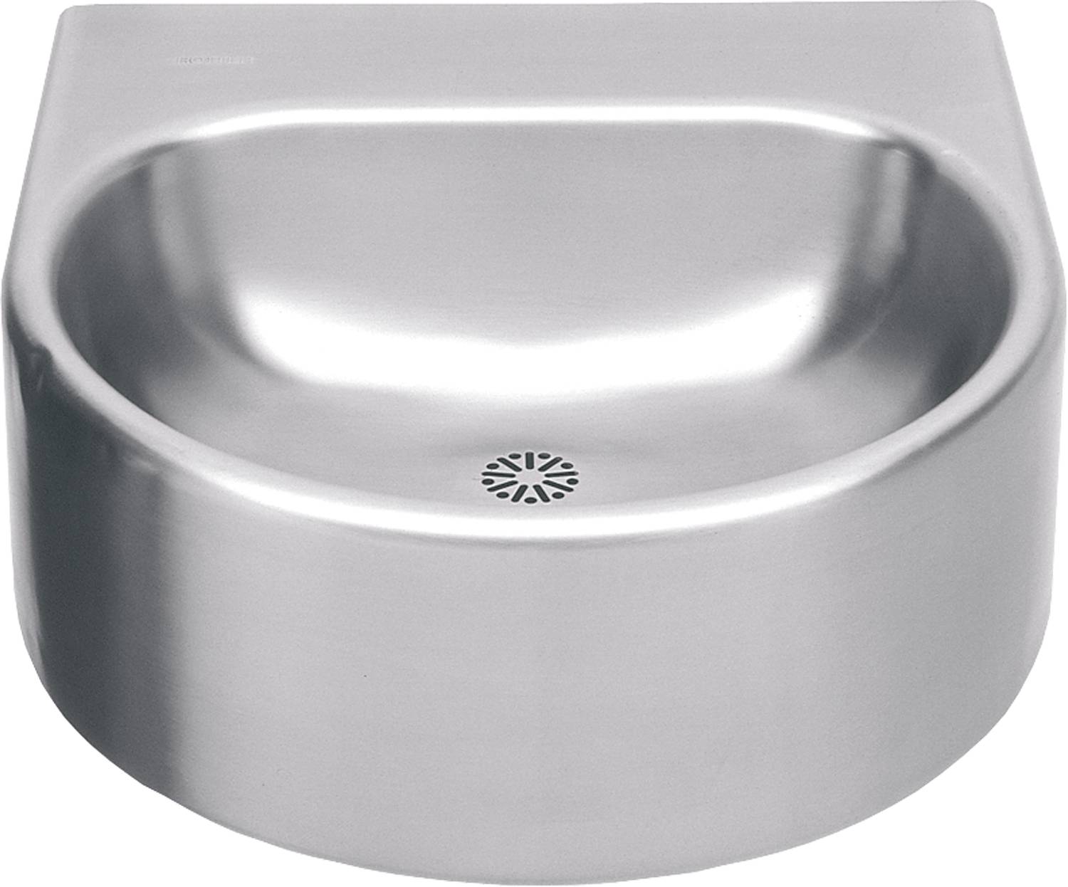 Ein glänzendes, wandmontiertes, Edelstahl-Waschbecken mit einem kreisförmigen Ablaufmuster und abgerundeten Kanten, konzipiert für moderne Badnutzung.