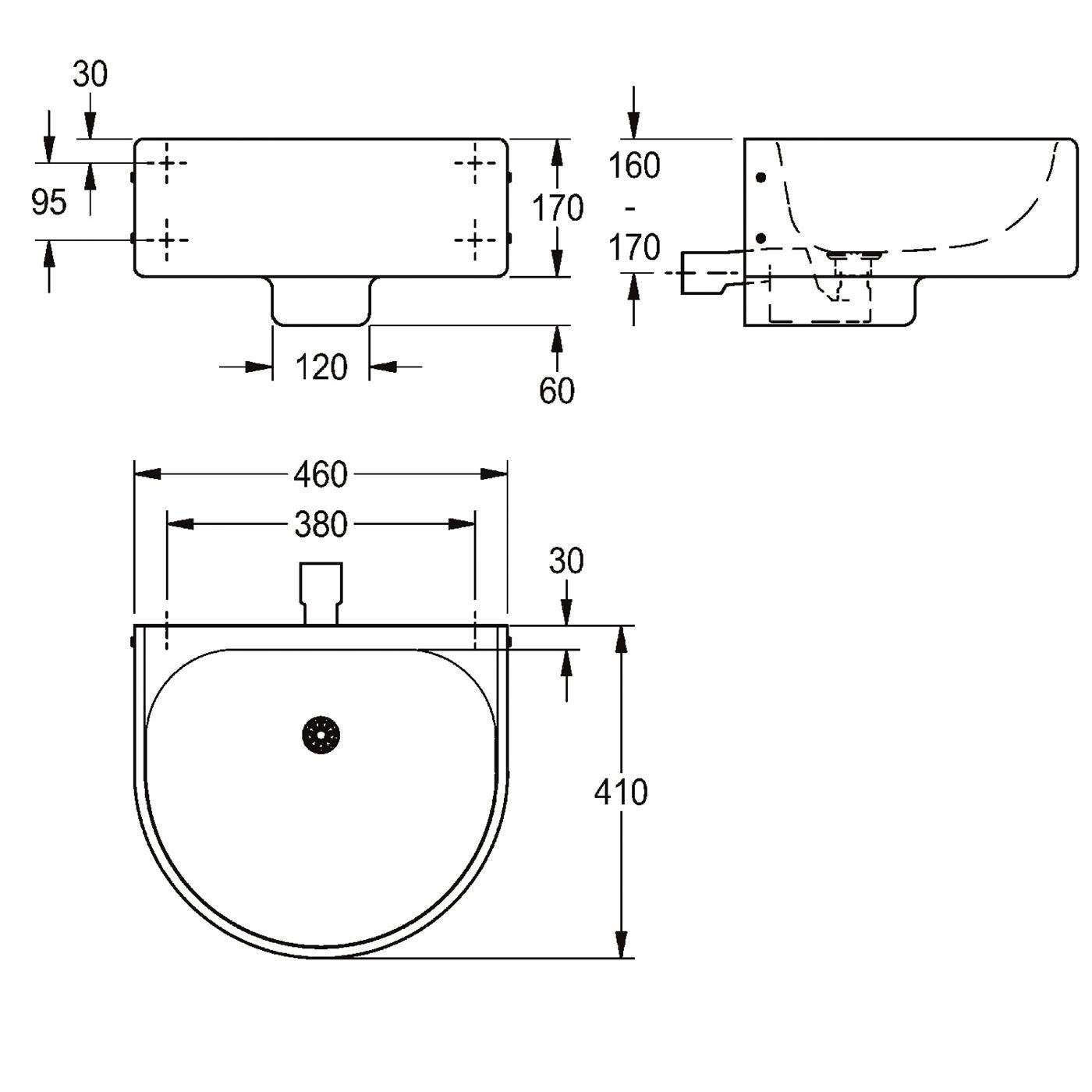 Technische Zeichnung eines wandmontierten Waschbeckens mit Front-, Seiten- und Draufsicht mit den Abmessungen 460, 410, 170, 160, 120, 95, 60 und 30 mm.