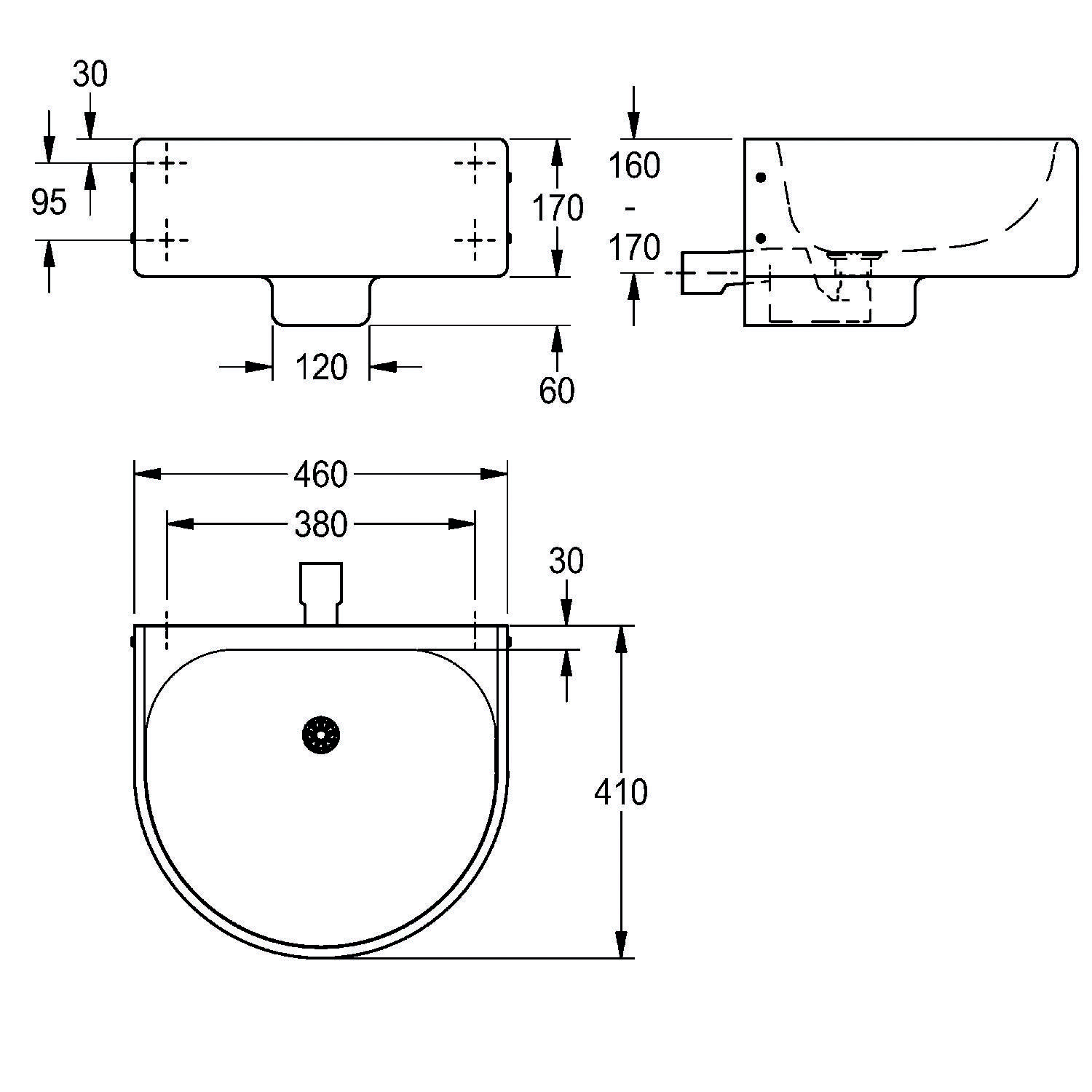 Technische Zeichnung eines kreisförmigen Waschbeckens mit Vorder- und Seitenansicht. Abmessungen: Breite 380 mm, Tiefe 410 mm, Gesamthöhe 170 mm.