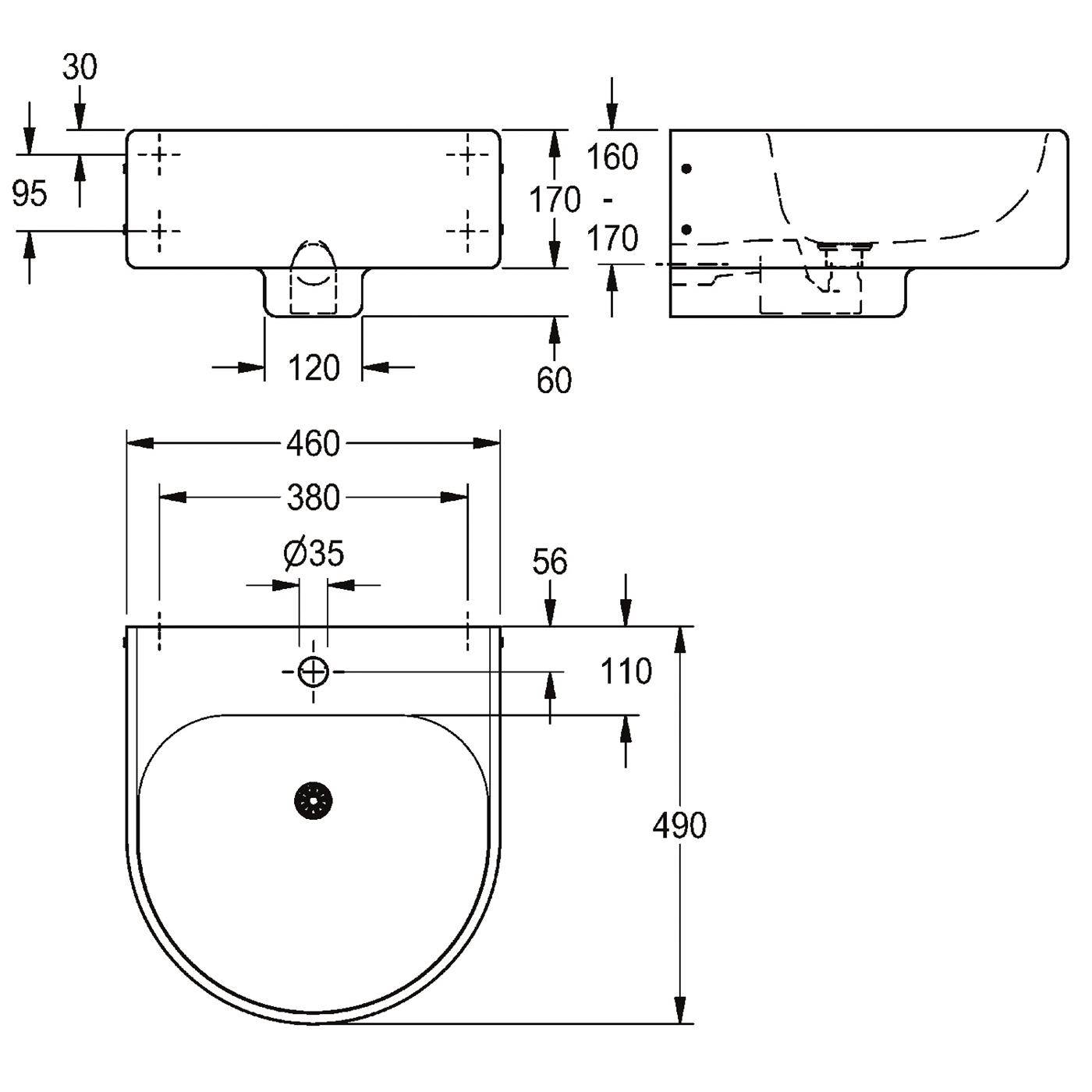 Technische Maßzeichnung einer wandmontierten Vorrichtung mit Front- und Seitenansicht und Abmessungen, einschließlich 460 mm Breite, 490 mm Höhe, 35 mm Bohrung und 120 mm Sockelabstand.