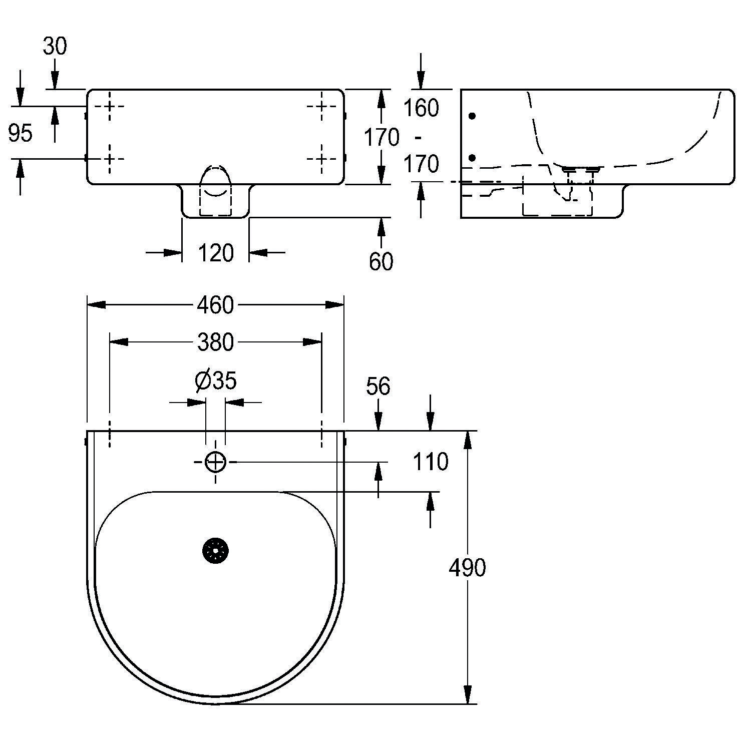 Technische Zeichnung eines Waschbeckens mit Abmessungen: Höhe 170 mm, Breite 490 mm, Tiefe 380 mm und Durchmesser der Ablaufbohrung 35 mm. Seiten- und Frontansicht enthalten.