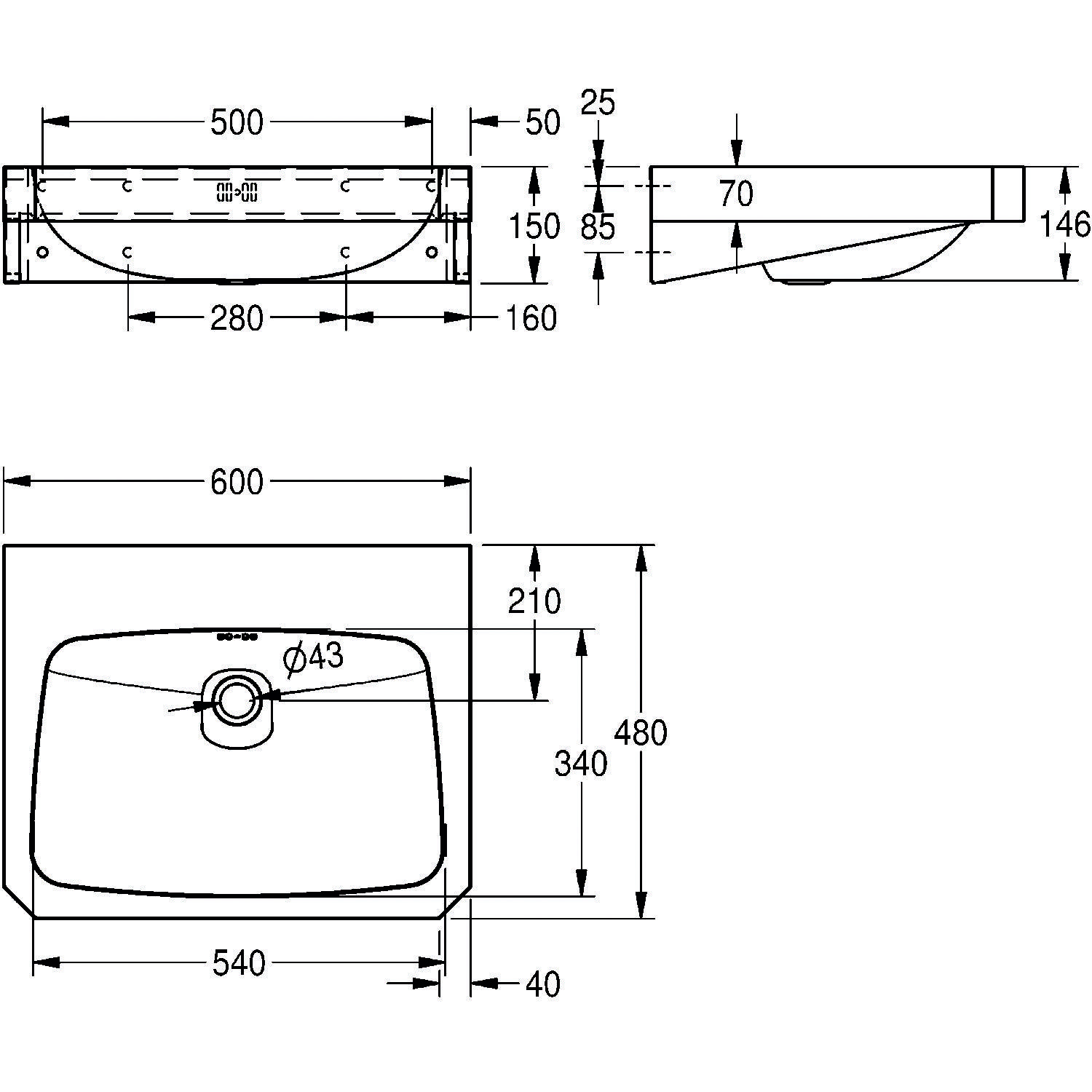 Technische Zeichnung eines rechteckigen Waschbeckens mit Maßangaben. Draufsicht zeigt Breite 600 mm, Länge 500 mm. Seitenansicht zeigt Tiefe 146 mm. Wichtige Installationsabstände sind gekennzeichnet.