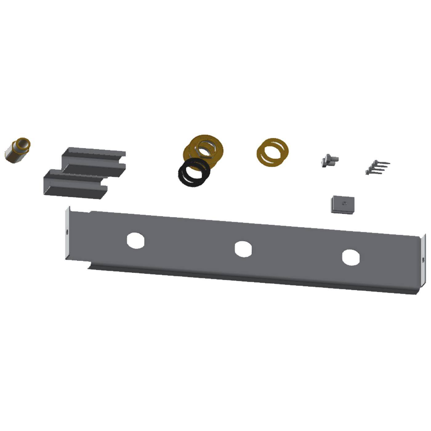Explosionszeichnung einer Metallmontageklammer mit drei Löchern, dargestellt mit separaten Clips, Ringen, Schrauben und kleinen Hardwareteilen.