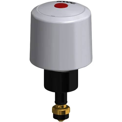 Ein graues zylindrisches Druckschalter-Gerät mit rotem oberen Indikator und schwarzem-Messing-Anschlussstecker.