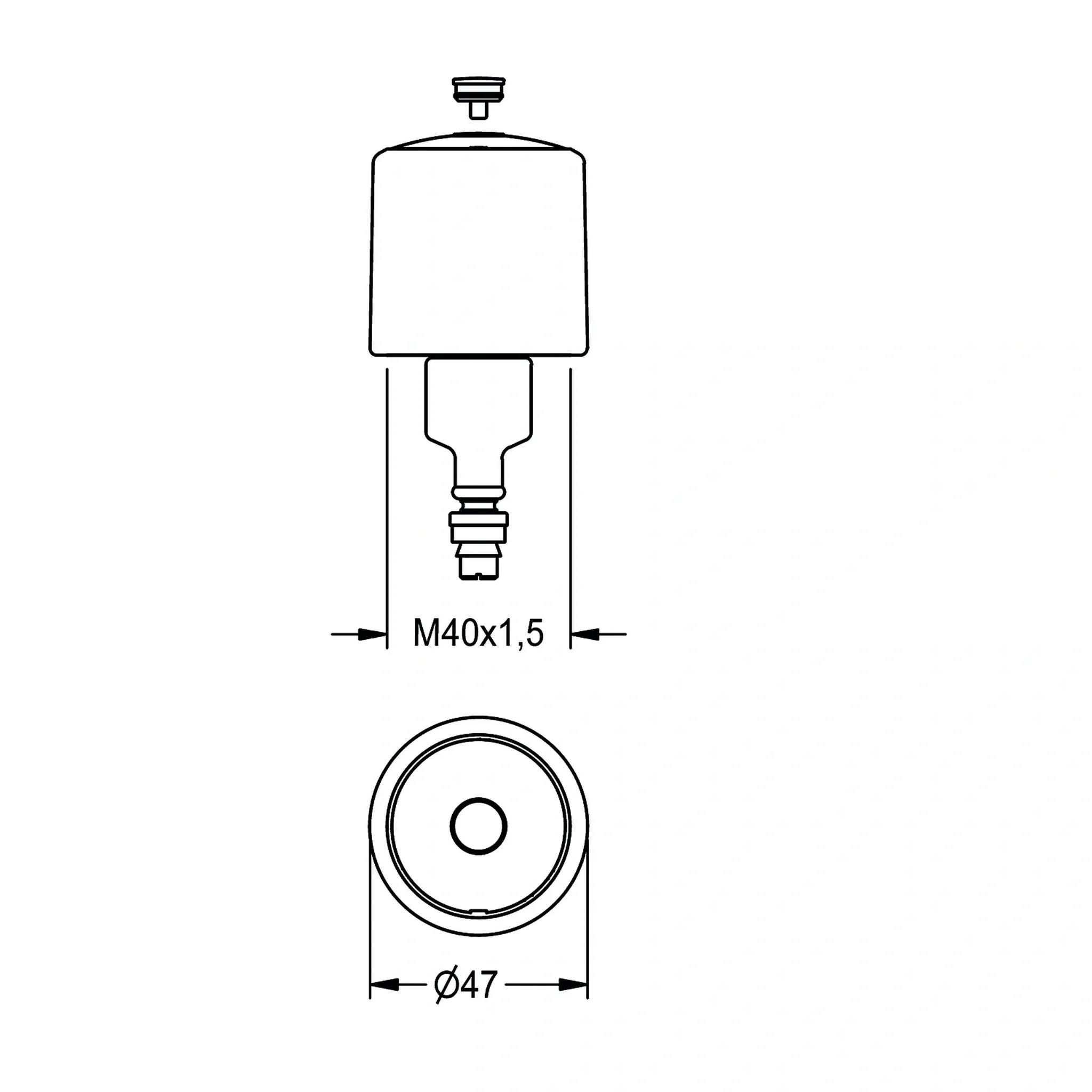 Technische Zeichnung eines zylindrischen Bauteils mit M40x1,5-Gewindeverbindung und 47 mm Durchmesser in Draufsicht.