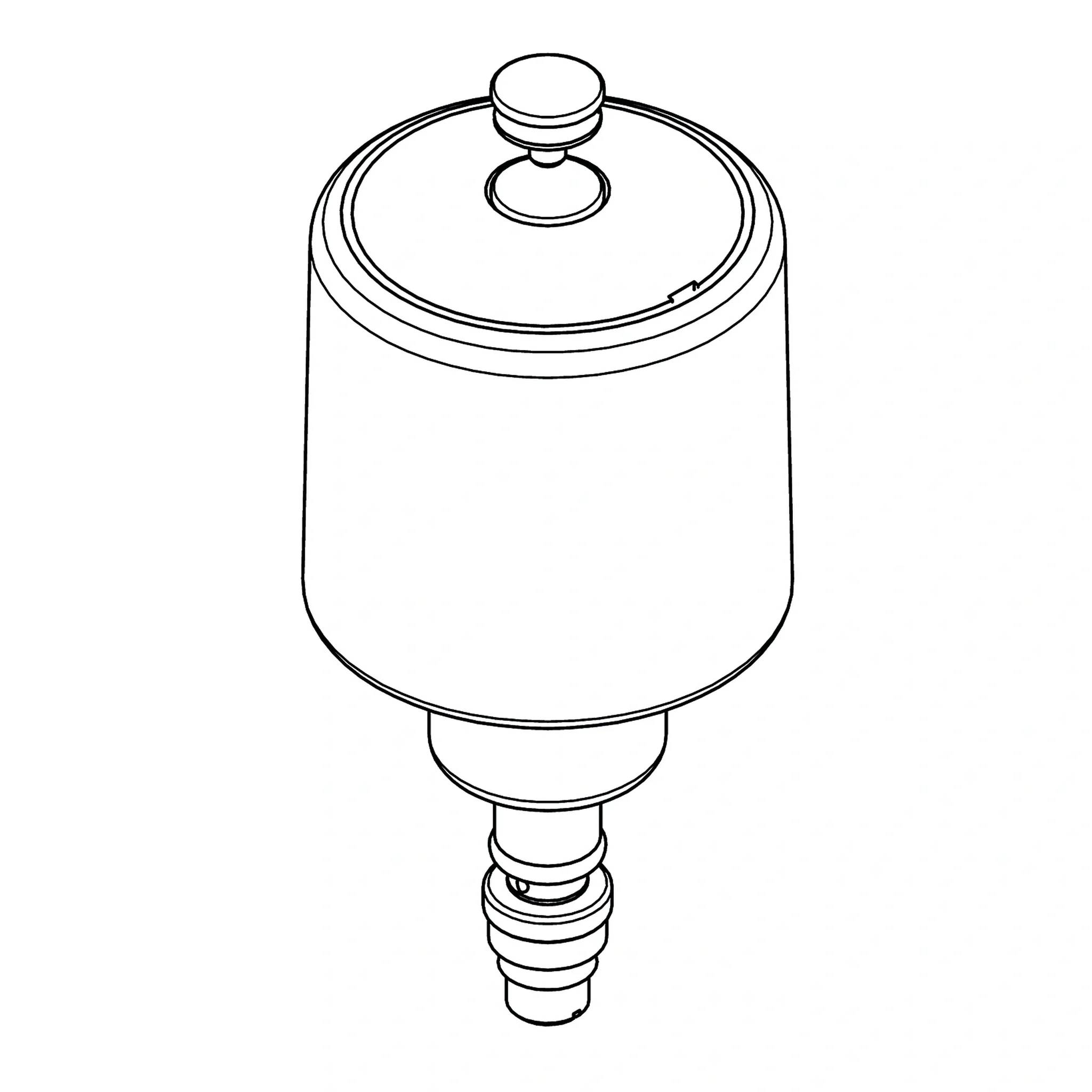 Linienzeichnung eines zylindrischen mechanischen Kartuschenteils oder Ventilkomponente mit knopfähnlicher Oberseite und abgestuftem Anschluss auf der Unterseite.