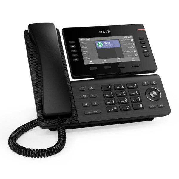 Schwarzes Bürotischtelefon mit Hörer, Tastatur und Farbdisplay, das einen Kontaktbildschirm anzeigt.