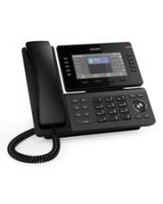 Ein schwarzes Bürotelefon mit Touchscreen-Display und numerischer Tastatur, ausgestattet mit einer spiralförmigen Schnur, die den Hörer mit der Basisstation verbindet.