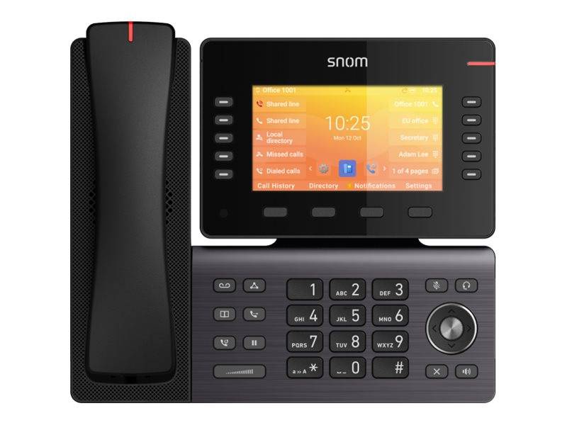 Ein schwarzes Bürotelefon mit digitalem Display, das die Uhrzeit „10:25