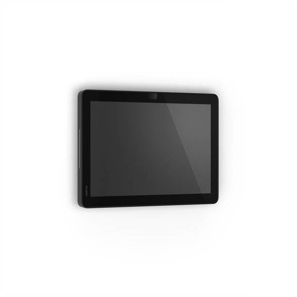 Schwarzer Tablet-Computer im Winkel auf einfachem weißem Hintergrund