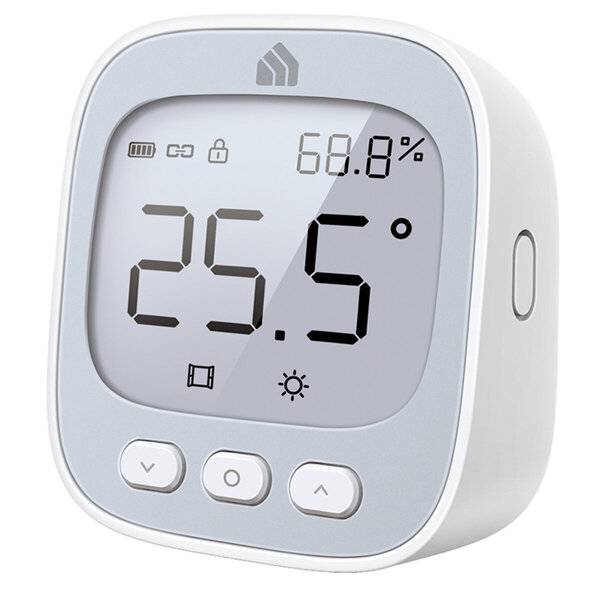 Digitales Thermostat-Display zeigt 25,5°C und 68,8% Luftfeuchtigkeit an, mit Modus- und Steuerungstasten auf einem weißen Gerät.