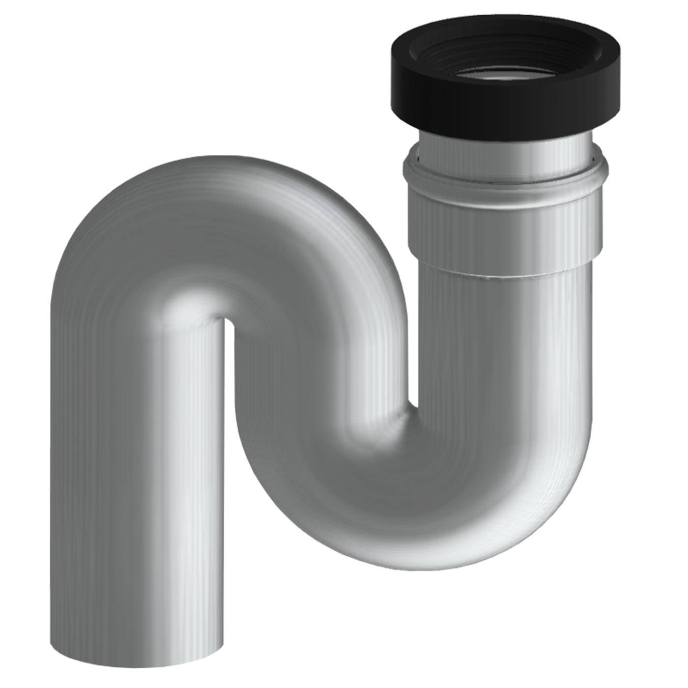 3D-Illustration einer metallischen U-förmigen Rohrbiegung mit einer schwarzen oberen Öffnung, die für die Abwasserableitung in der Sanitärtechnik verwendet wird.