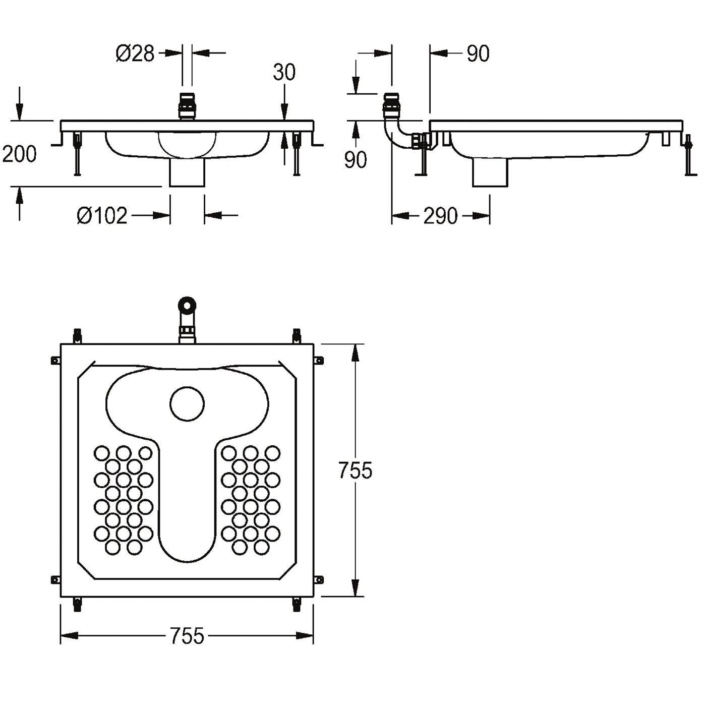Technische Zeichnung eines quadratischen Spülbeckens, dargestellt in Draufsicht und Seitenansicht mit den Abmessungen 755 x 755 mm und Ablaufgröße Ø102 mm.