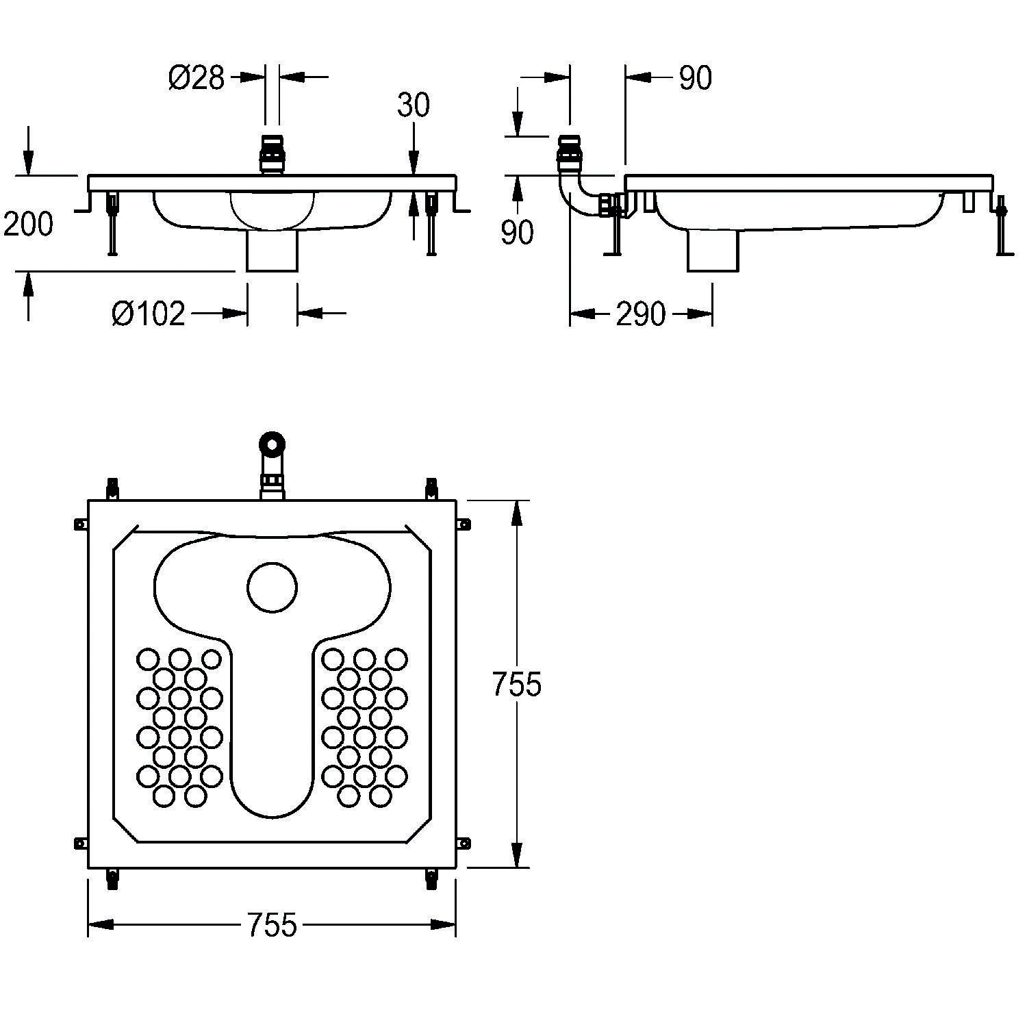 Urinal-Abmessungen: 755 mm Breite, 755 mm Höhe, 290 mm Tiefe. Inklusive Ansichten von oben und der Seite mit beschrifteten Komponentenmaßen.