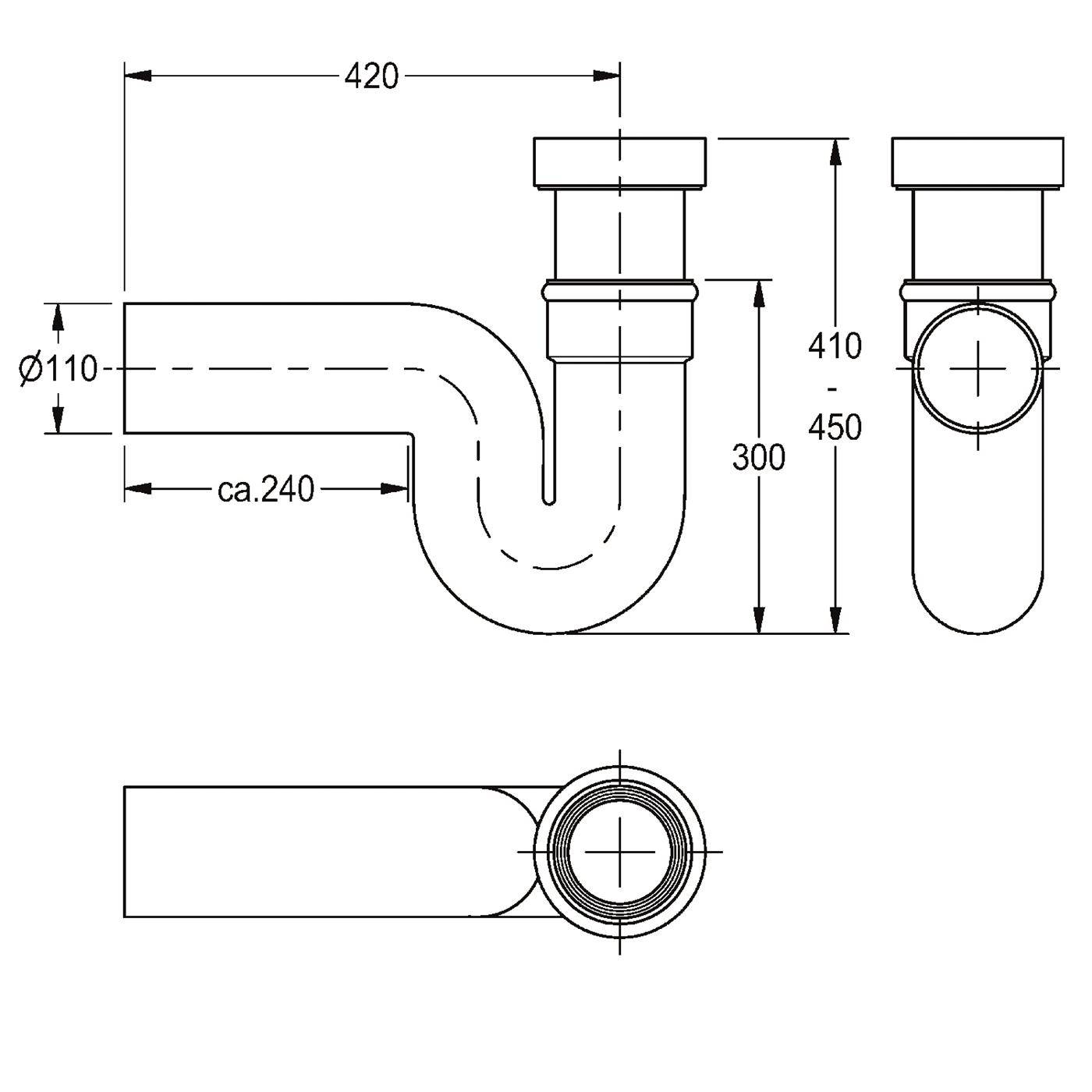 Technische Zeichnung eines Siphons mit Rohrabmessungen: 420 mm Länge, 110 mm Durchmesser, 300–450 mm Höhe sowie Vorderansicht und Draufsicht.