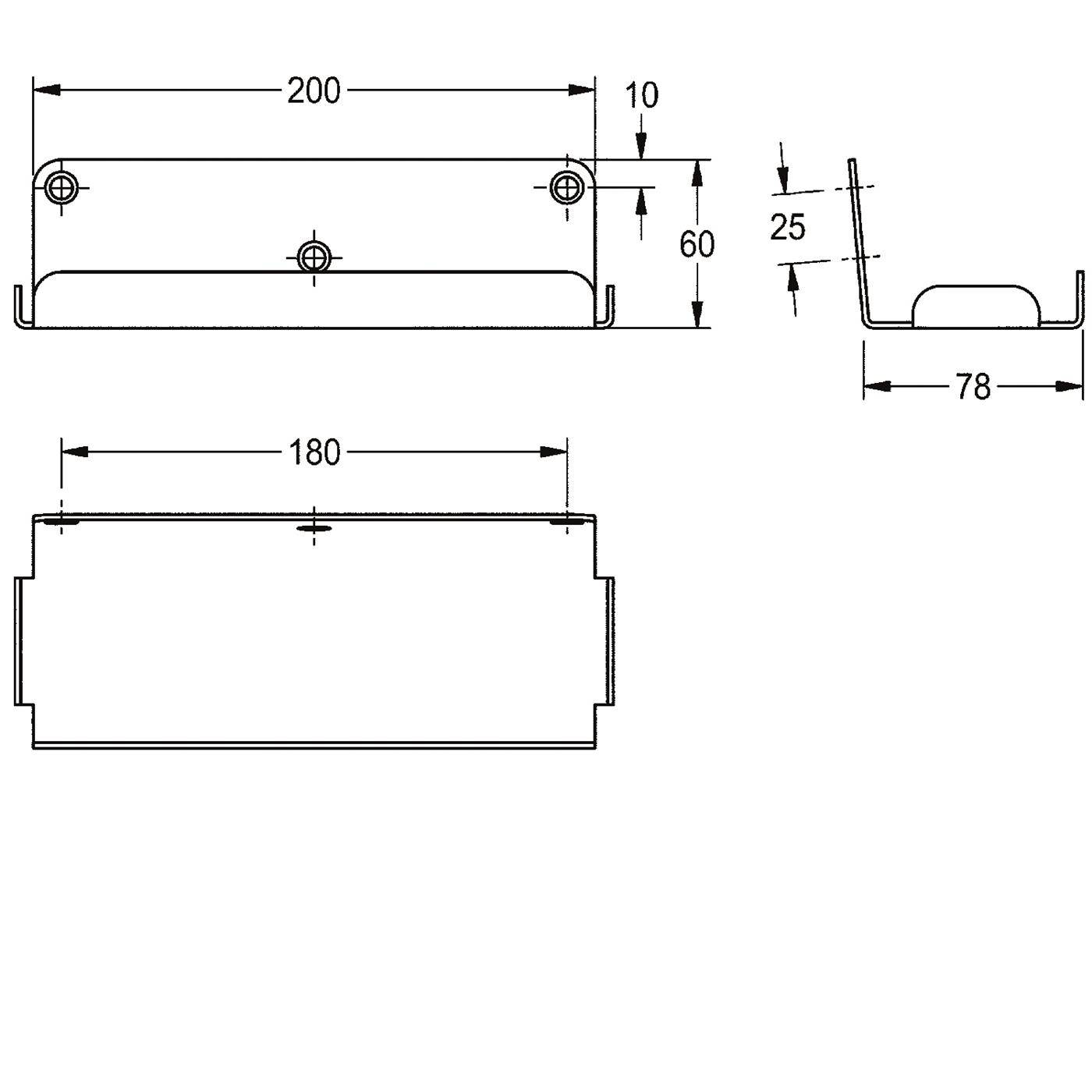 Technische Zeichnung einer gebogenen Metallhalterung oder eines Tabletts mit Vorder-, Seiten- und Draufsicht, die Abmessungen von 200, 180, 78, 60, 25 und 10 mm zeigt.