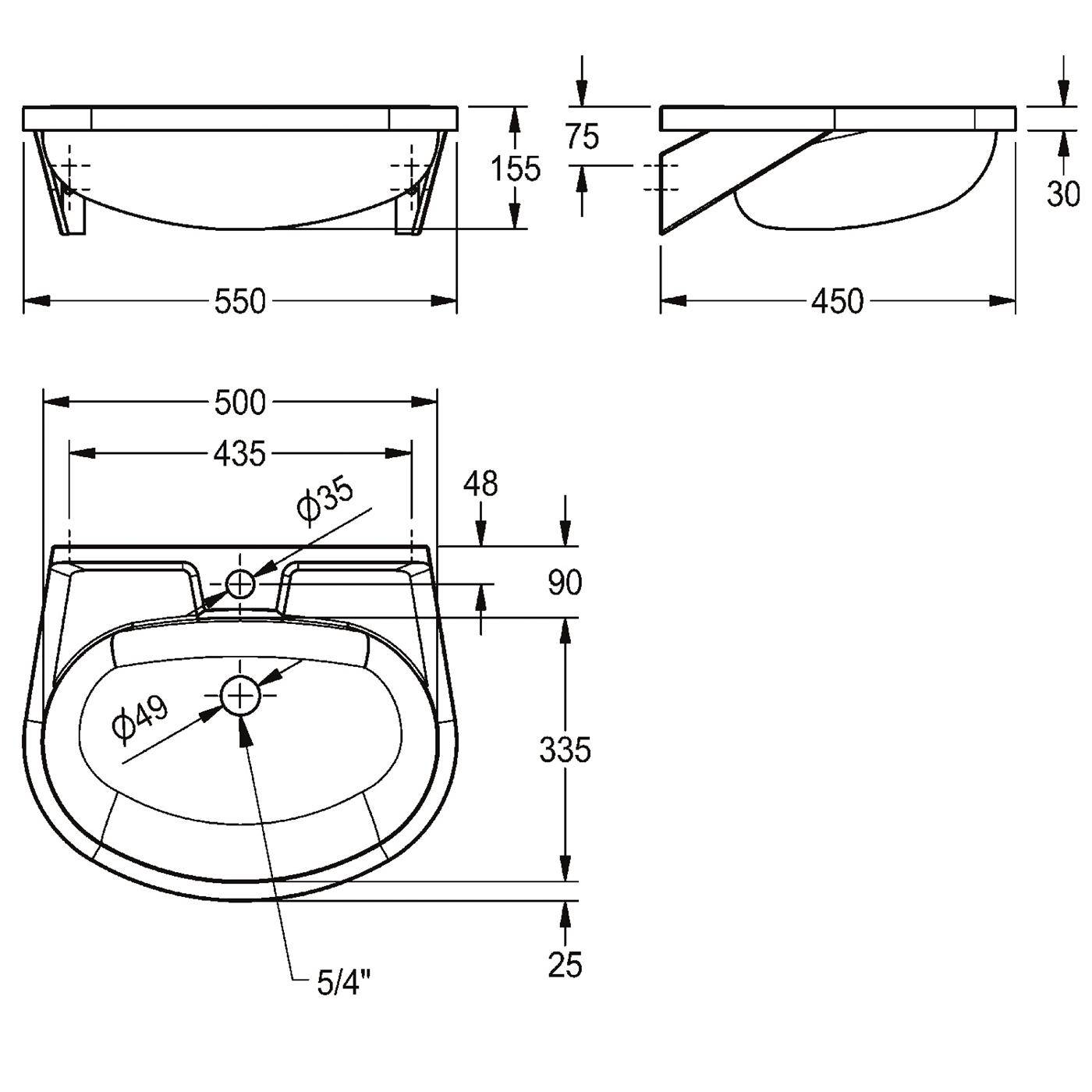 # Technische Zeichnung eines wandgestützten Waschbeckens oder Beckens mit Vorder-, Seiten- und Draufsicht, zeigt Abmessungen in Millimetern und Ausgangsgrößen von 35 mm und 49 mm.
