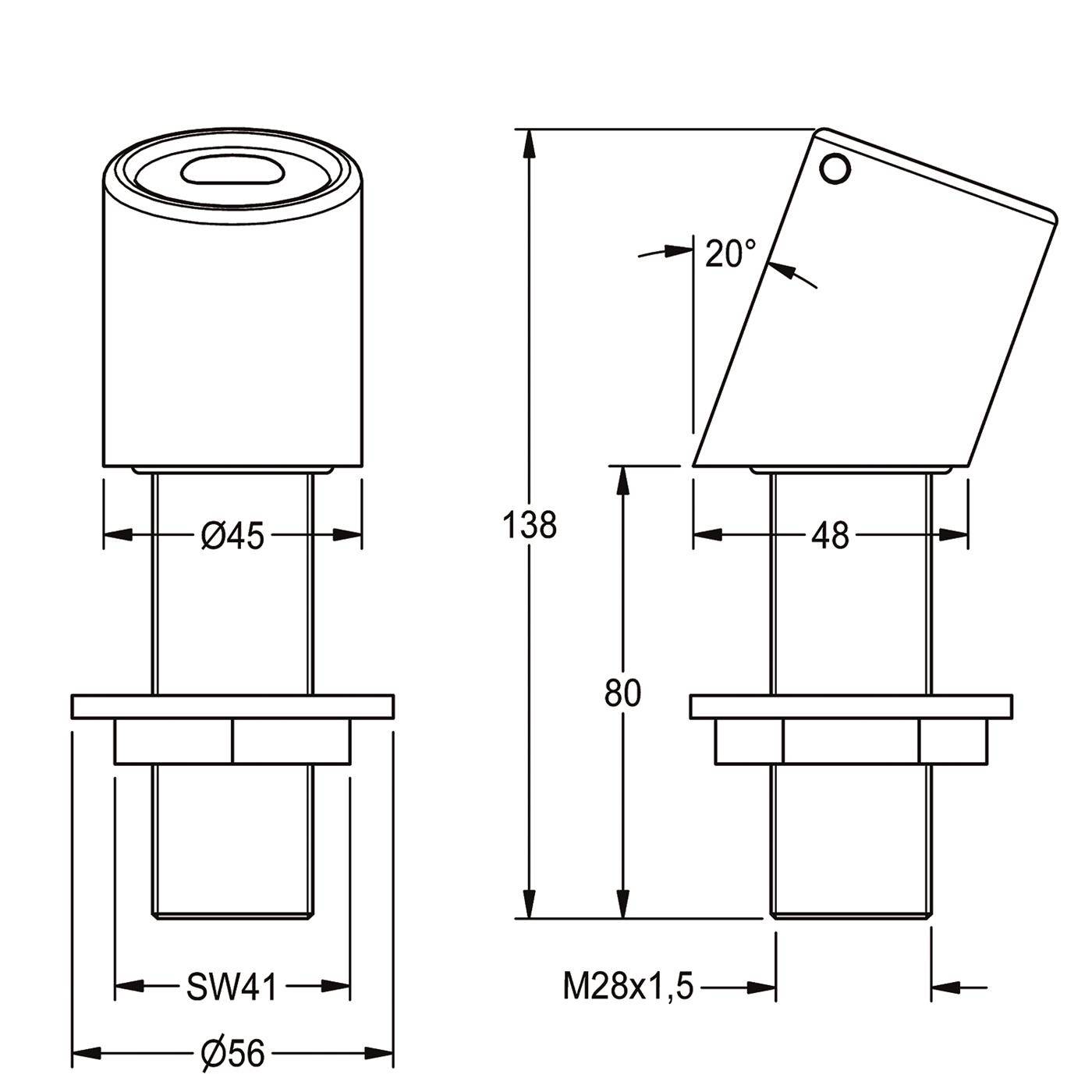 Technische Maßstabzeichnung eines zylindrischen mechanischen Bauteils mit Vorder- und Seitenansicht, mit Abmessungen Ø45, Ø56, SW41, 48, 80, 138, 20° und M28x1,5.
