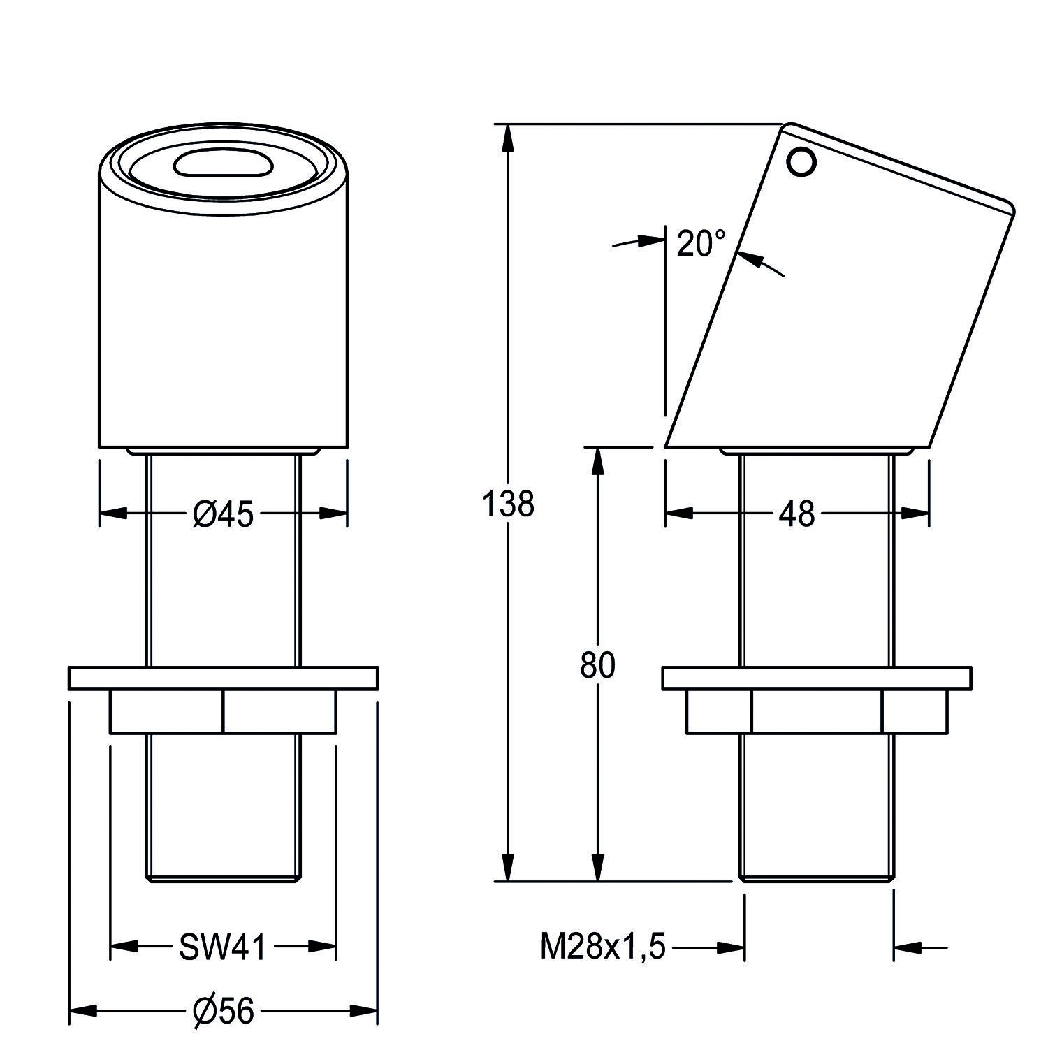 Diagramm eines mechanischen Bauteils mit Abmessungen: Höhe 138 mm, Durchmesser 45 mm, Basis 56 mm, Winkel 25°, und Gewinde M28x1,5.