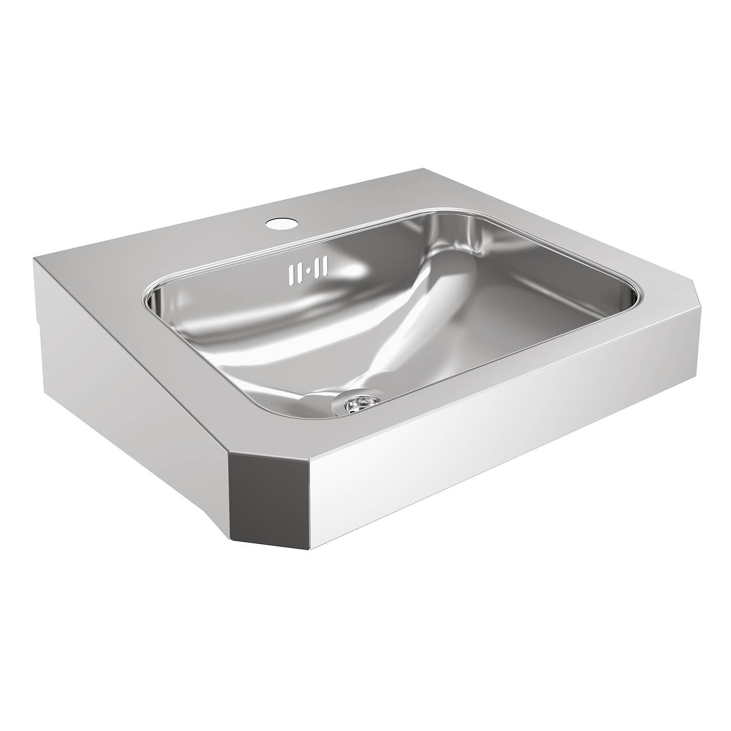 Wandmontiertes Spülbecken aus Edelstahl mit rechteckiger Wanne und minimalistischem Design vor schwarzem Hintergrund.