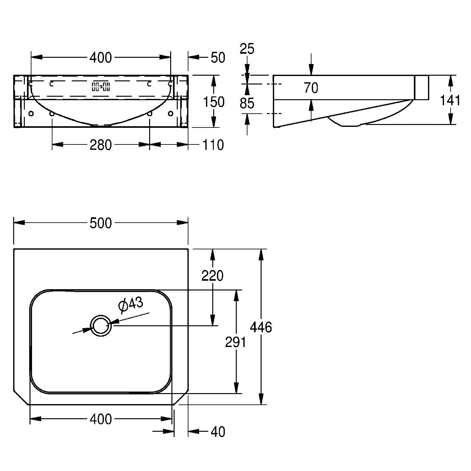 Technische Zeichnung eines rechteckigen Waschbeckens mit Armaturenloch. Abmessungen umfassen 400x280x141 mm für die Wanne und 500x446 mm für die Gesamtstruktur.