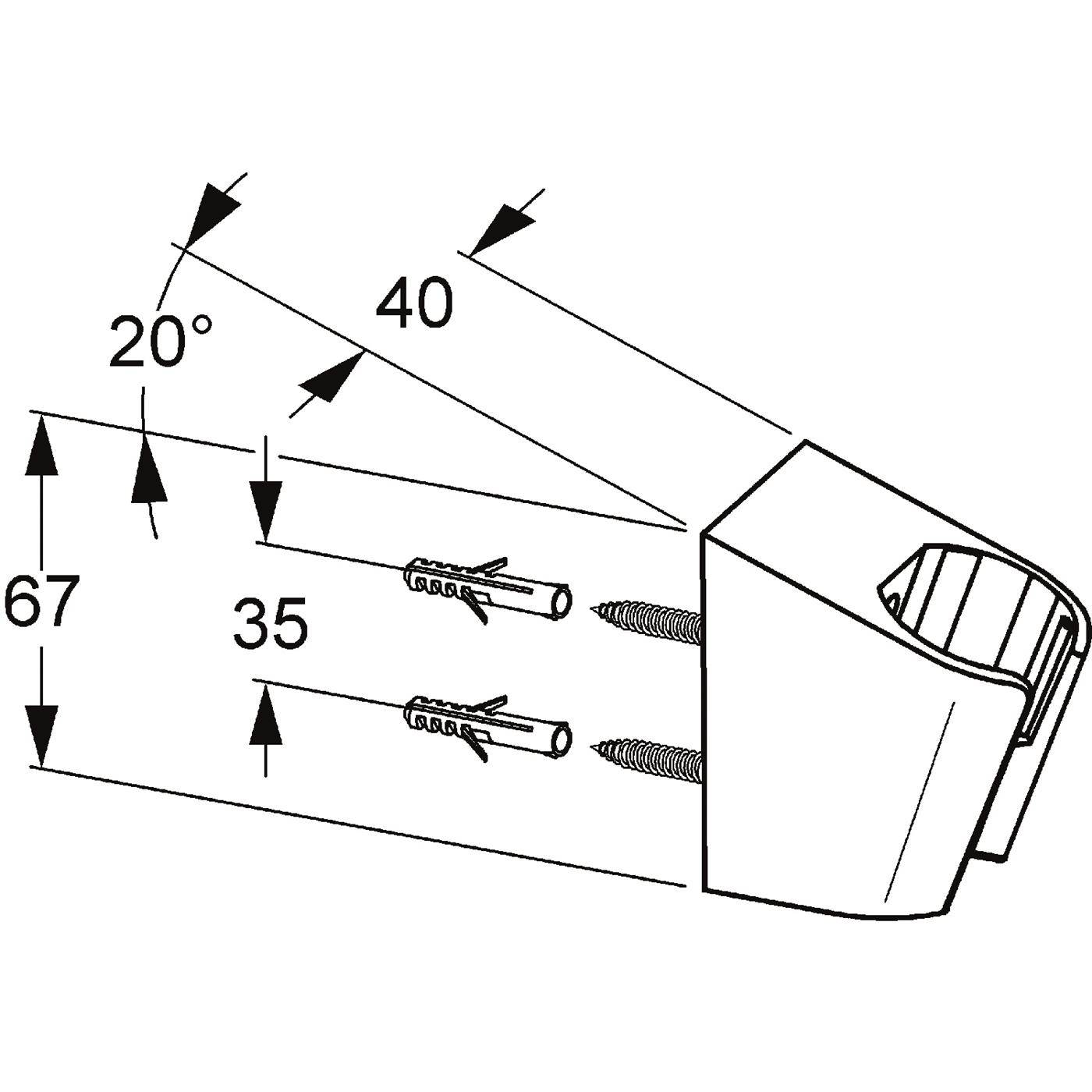 Installationsdiagramm eines wandmontierten Geräts mit Winkelmontagemessungen: 20°, 40, 67 und 35, mit zwei Schrauben und Wandankern.