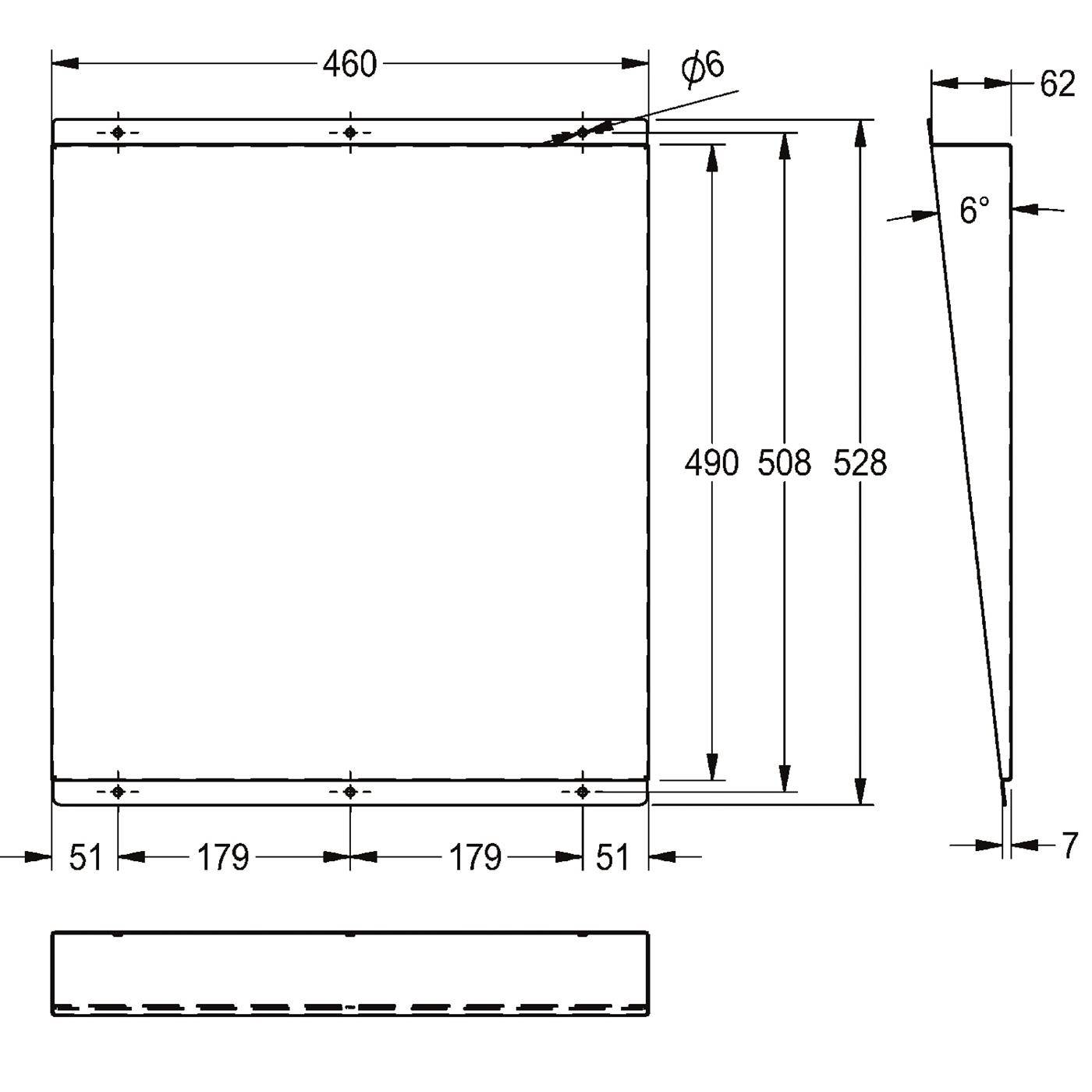 Technische Zeichnung eines rechteckigen Paneels, Vorder- und Seitenansicht mit Abmessungen: 460 mm breit, 528 mm hoch, 6° Neigung, 62 mm obere Tiefe, 7 mm untere Kante und sechs Ø6 Bohrungen.