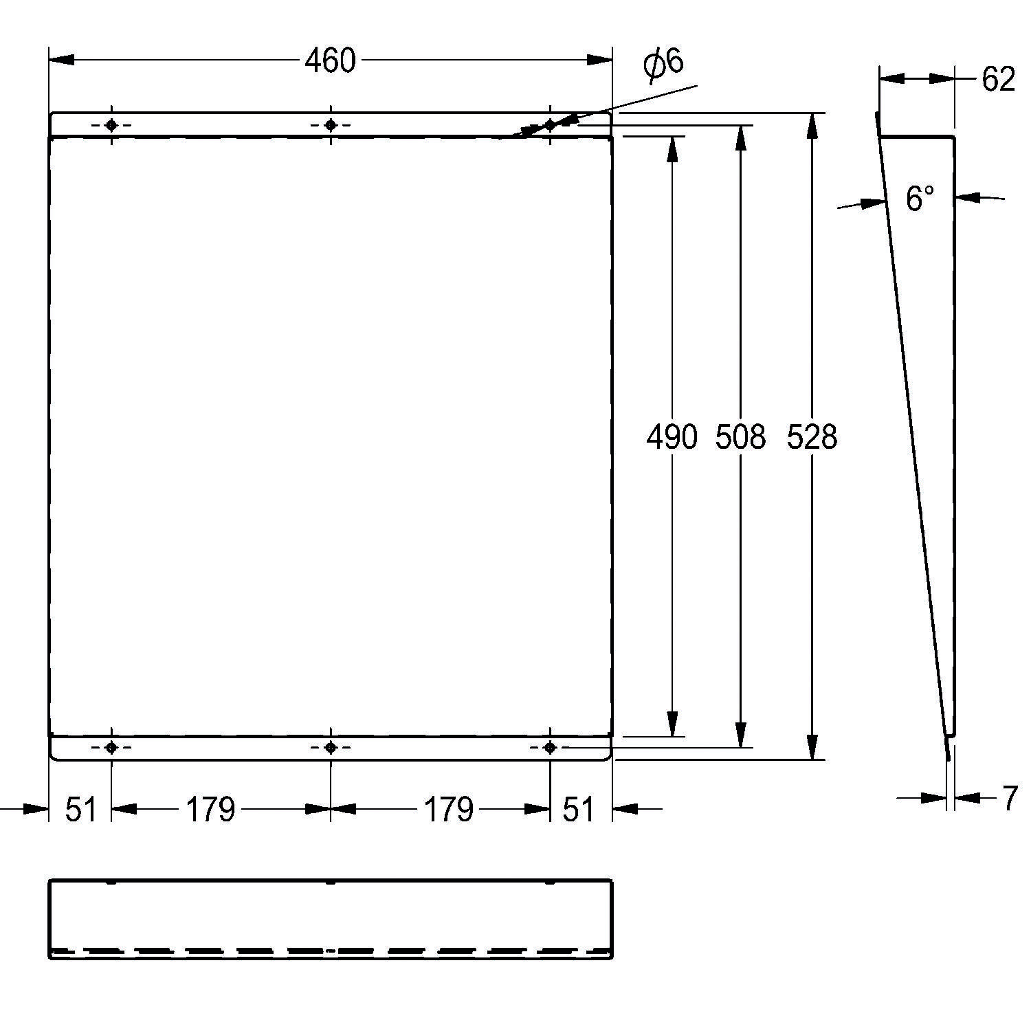 Technische Zeichnung eines keilförmigen Objekts, Abmessungen inklusive: 460 mm Breite, 6° Winkel, mit unterschiedlichen Höhen von 490 mm, 508 mm und 528 mm.