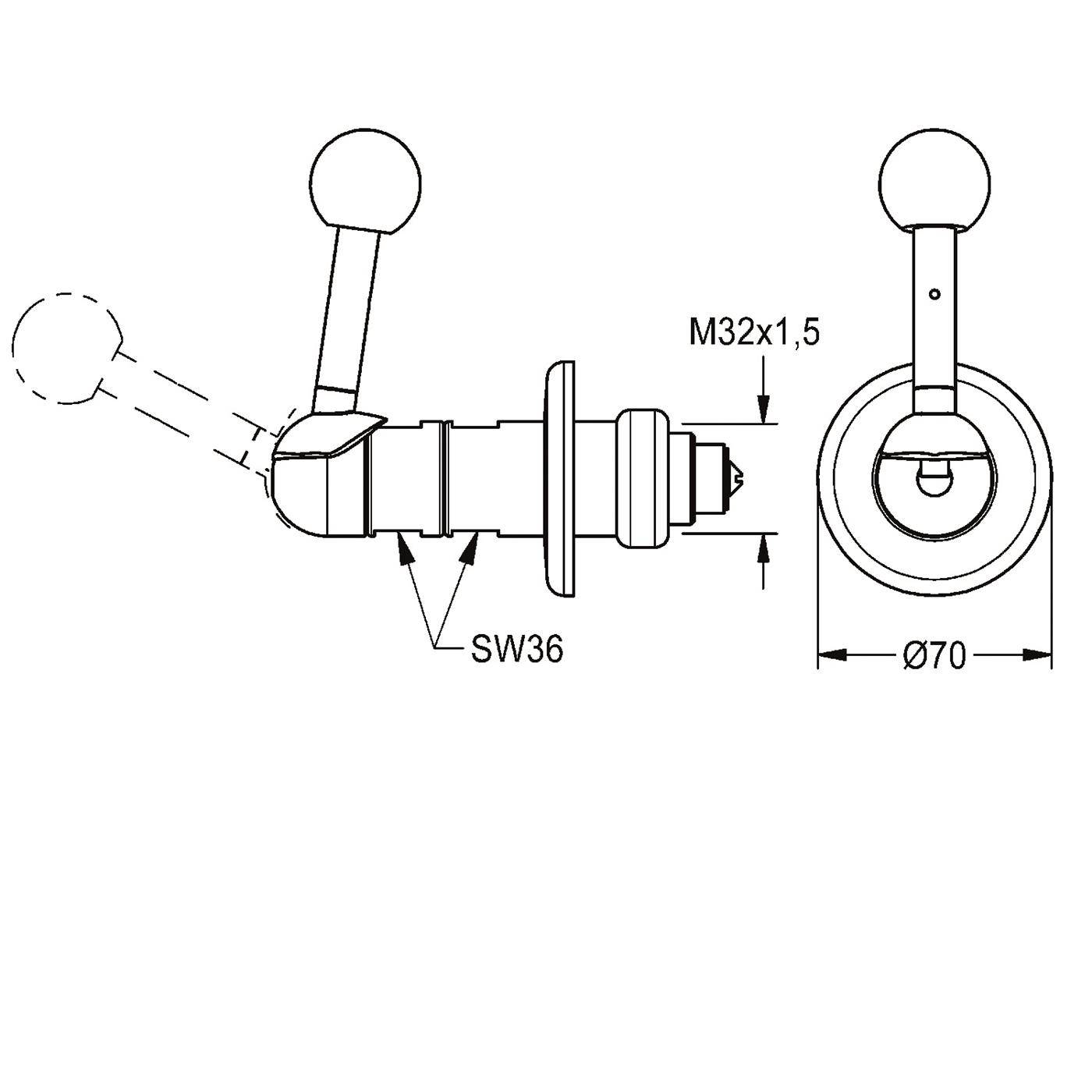 Technische Zeichnung einer hebelgesteuerten Armatur mit Seiten- und Vorderansicht, gekennzeichnet mit SW36, M32x1.5 und Ø70 Abmessungen.