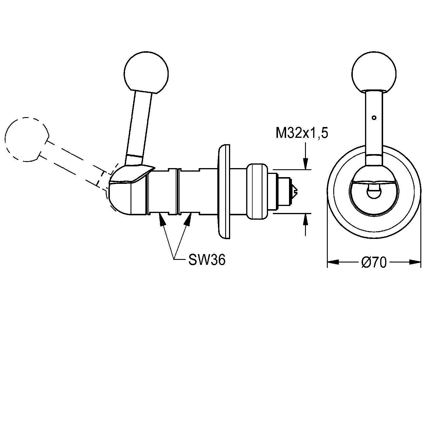 Technische Zeichnung eines mechanischen Bauteils mit Abmessungen: M32x1,5 Gewinde, SW36 Breite und Ø70. Enthält einen Hebelgriff.
