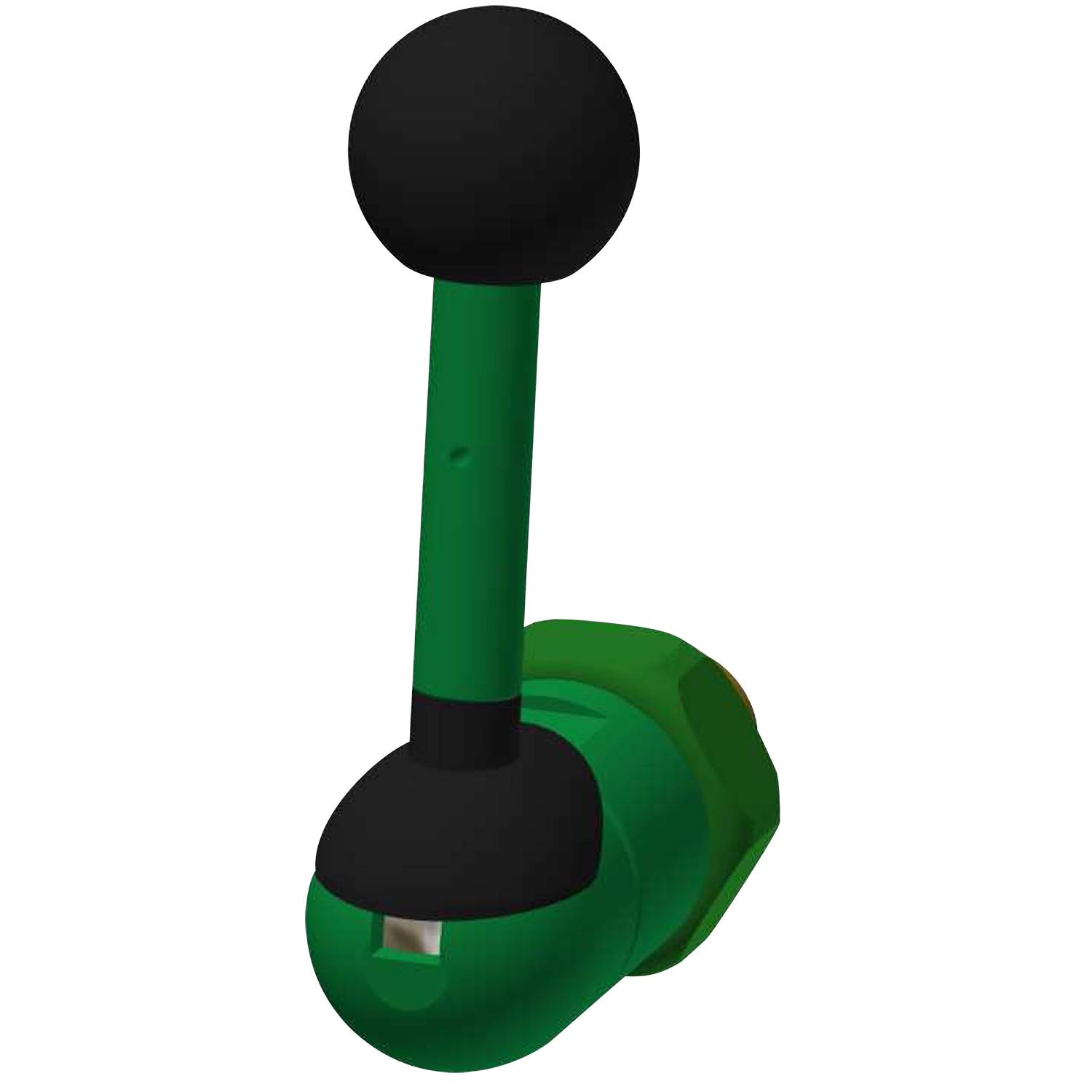 Ein grün-schwarzer Hebel auf einem dunklen Hintergrund, der mechanisch aussieht, möglicherweise ein Joystick oder Bediengerät.
