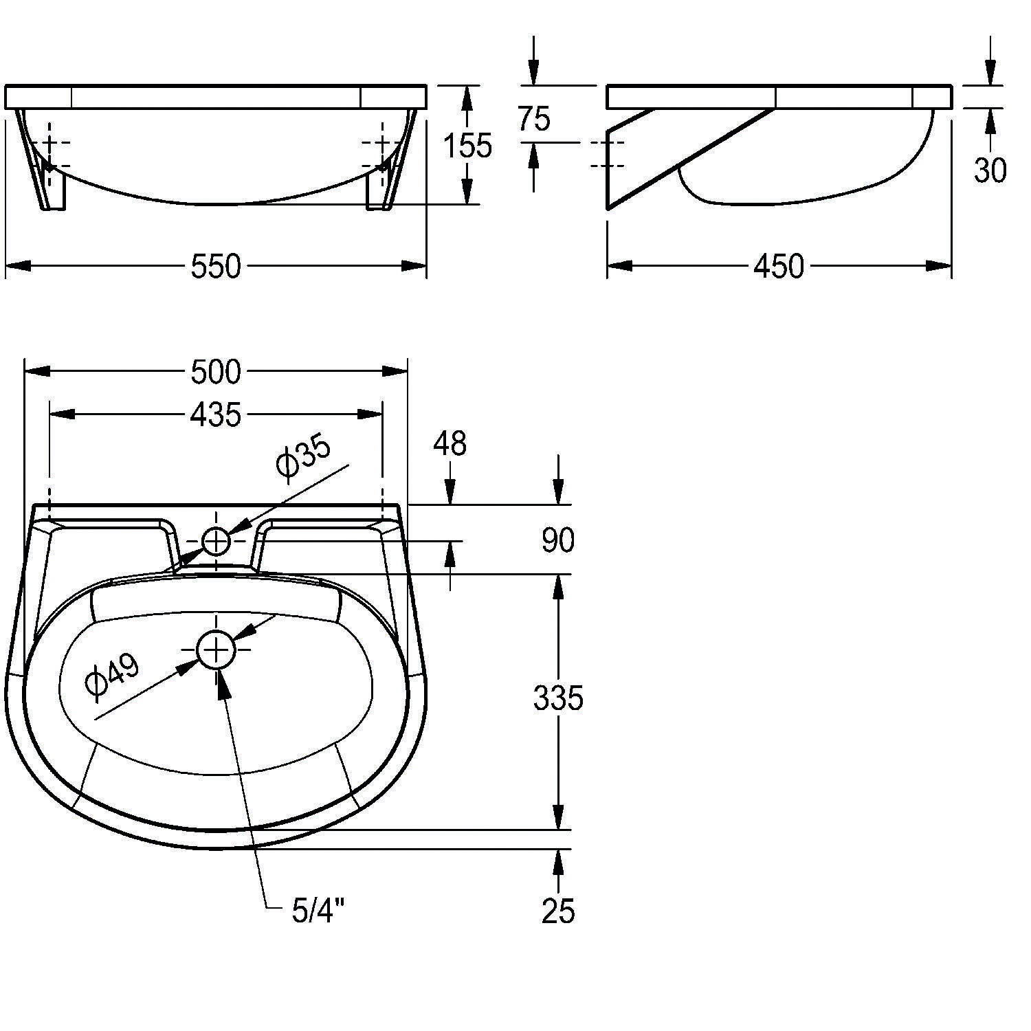 Technische Zeichnung eines Wandwaschbeckens mit Maßen: Breite 550 mm, Tiefe 450 mm und Höhe 155 mm. Positionen für Wasserhahn und Ablaufbohrung gekennzeichnet.