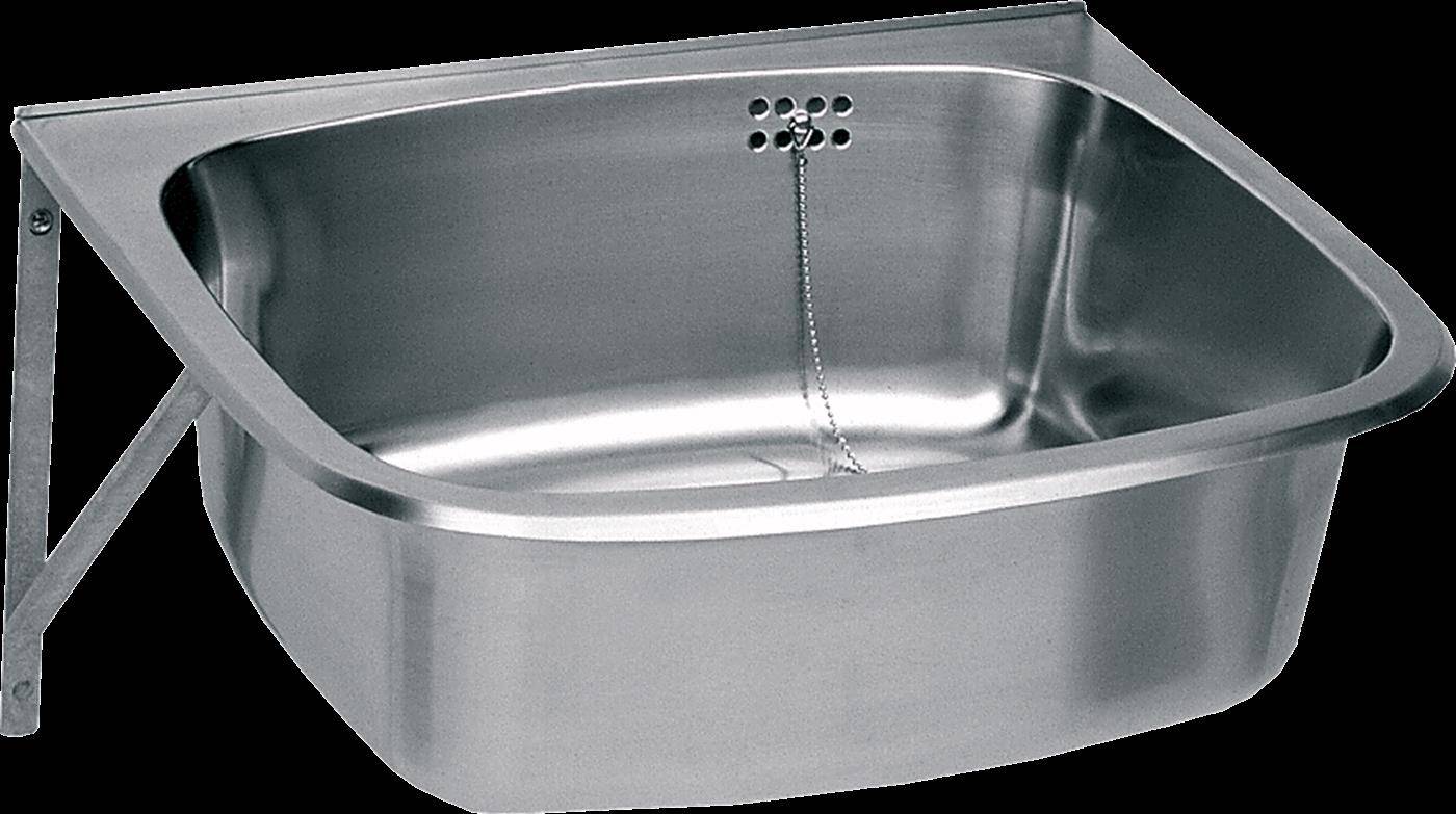 Edelstahlspülbecken mit tiefem Becken, Ablauflöchern und Kettenstöpsel auf einem Gestell.