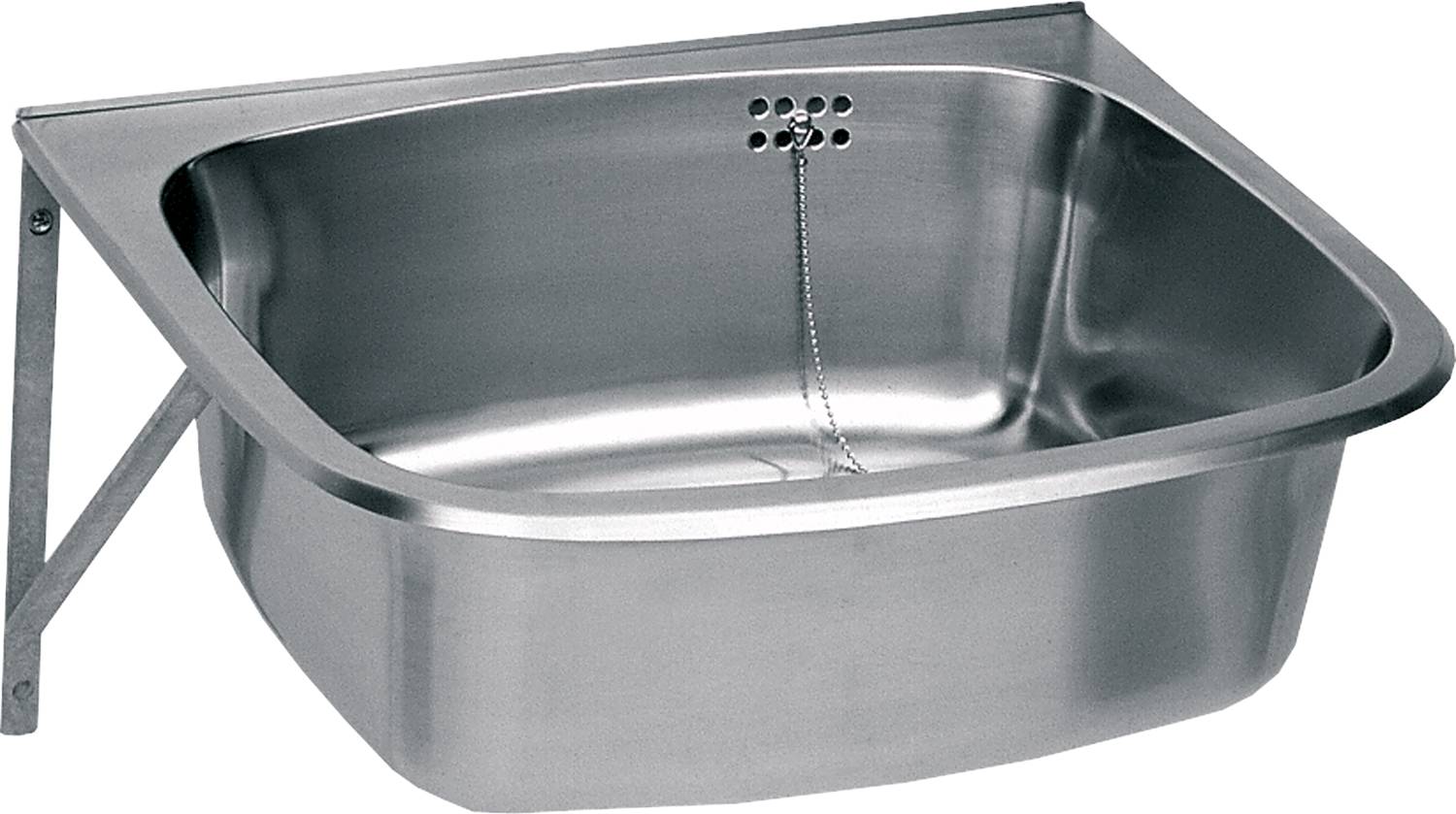 Eine Badewanne aus Edelstahl mit einem Stöpsel an einer Kette, der in der Nähe einer Reihe von Überlauflöchern an einem Ende befestigt ist. Die Oberfläche der Wanne ist glatt und spiegelnd.