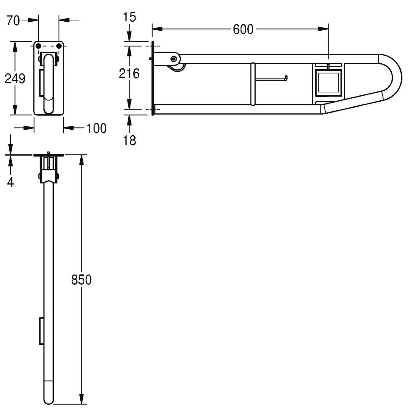 Technische Zeichnung einer wandmontierten Haltestange/Handlauf mit drei Ansichten und Abmessungen: 600 mm lang, 850 mm hoch, 100 mm tief, plus Montagemessungen.