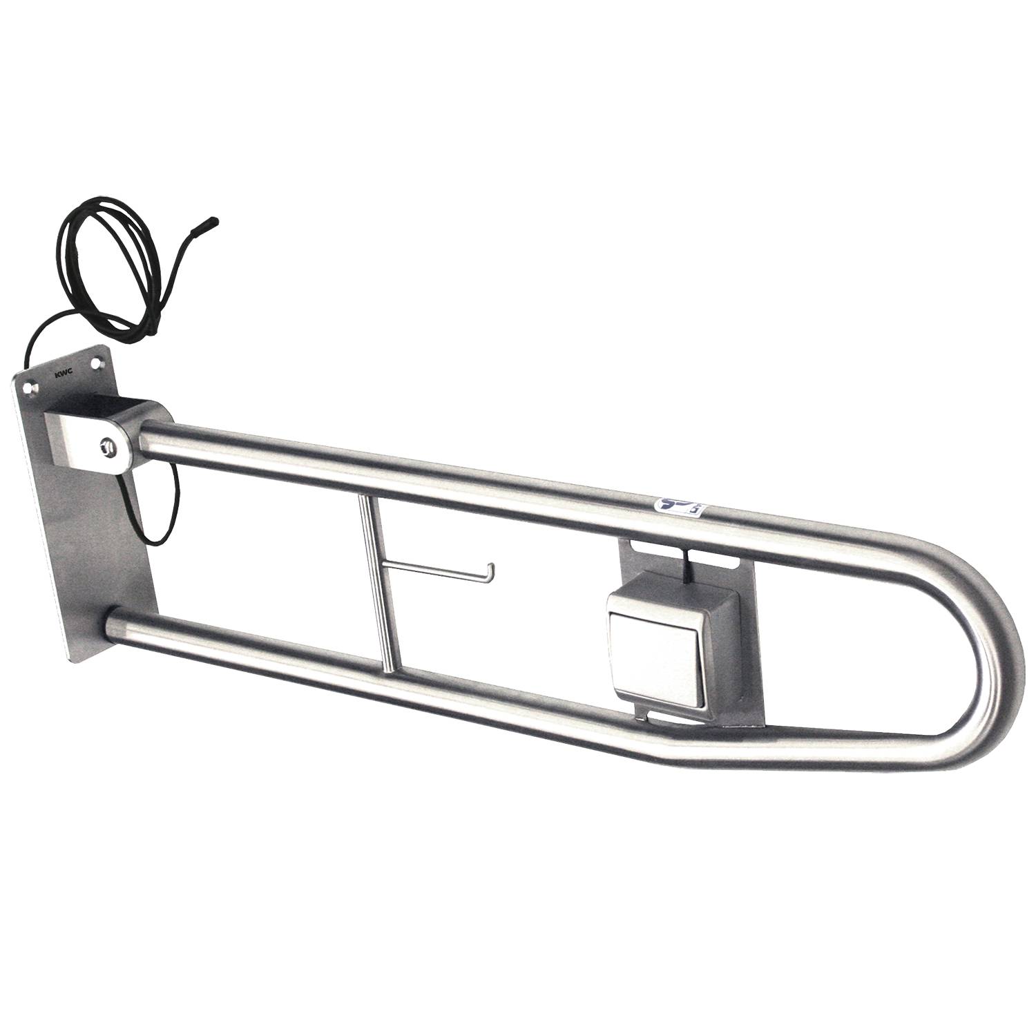 Wandmontierte klappbare Haltestange mit integriertem Toilettenpapierhalter, entwickelt für Barrierefreiheit und Unterstützung im Badezimmer.