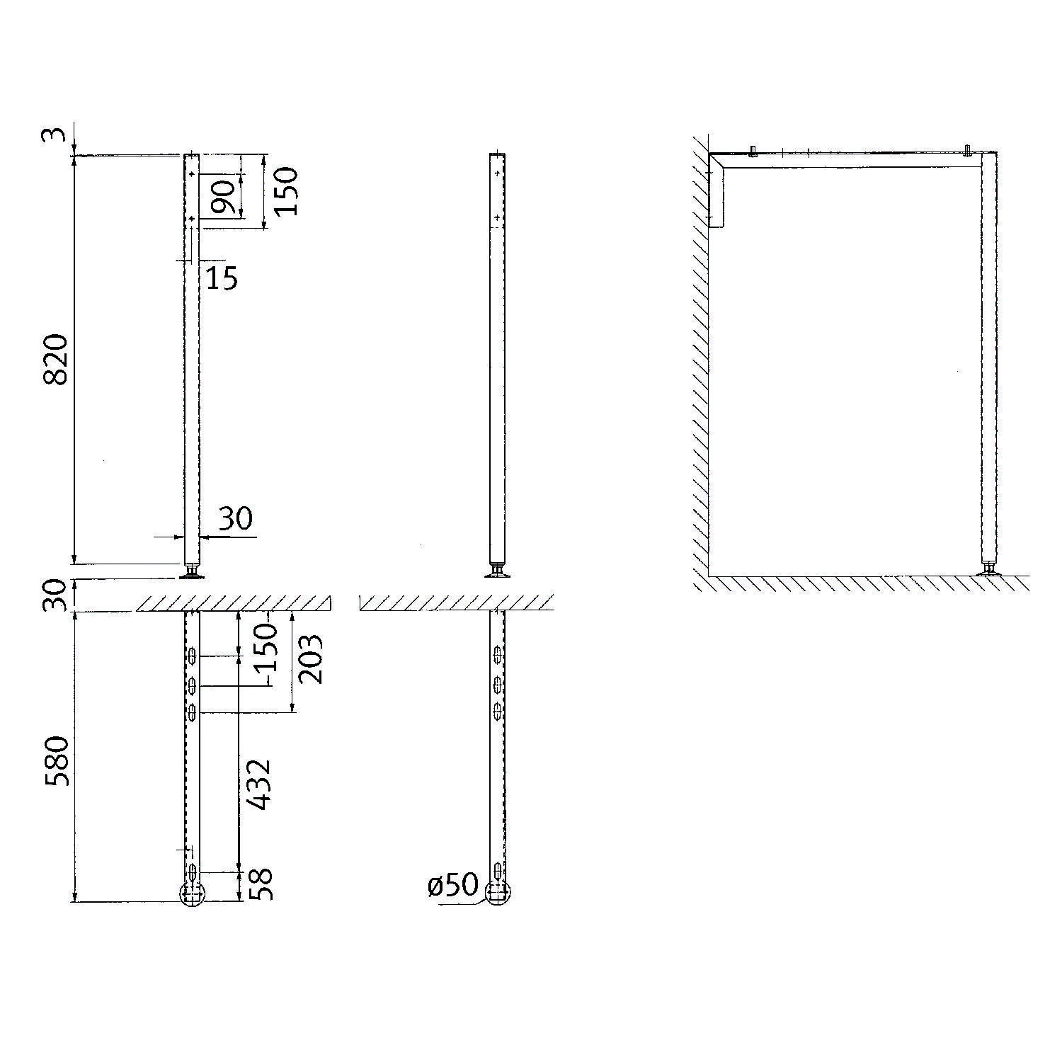 Technische Zeichnung einer wandmontierten zylindrischen Haltestange. Abmessungen: 820 mm Höhe, 580 mm Länge von der Wand, 50 mm Durchmesser.