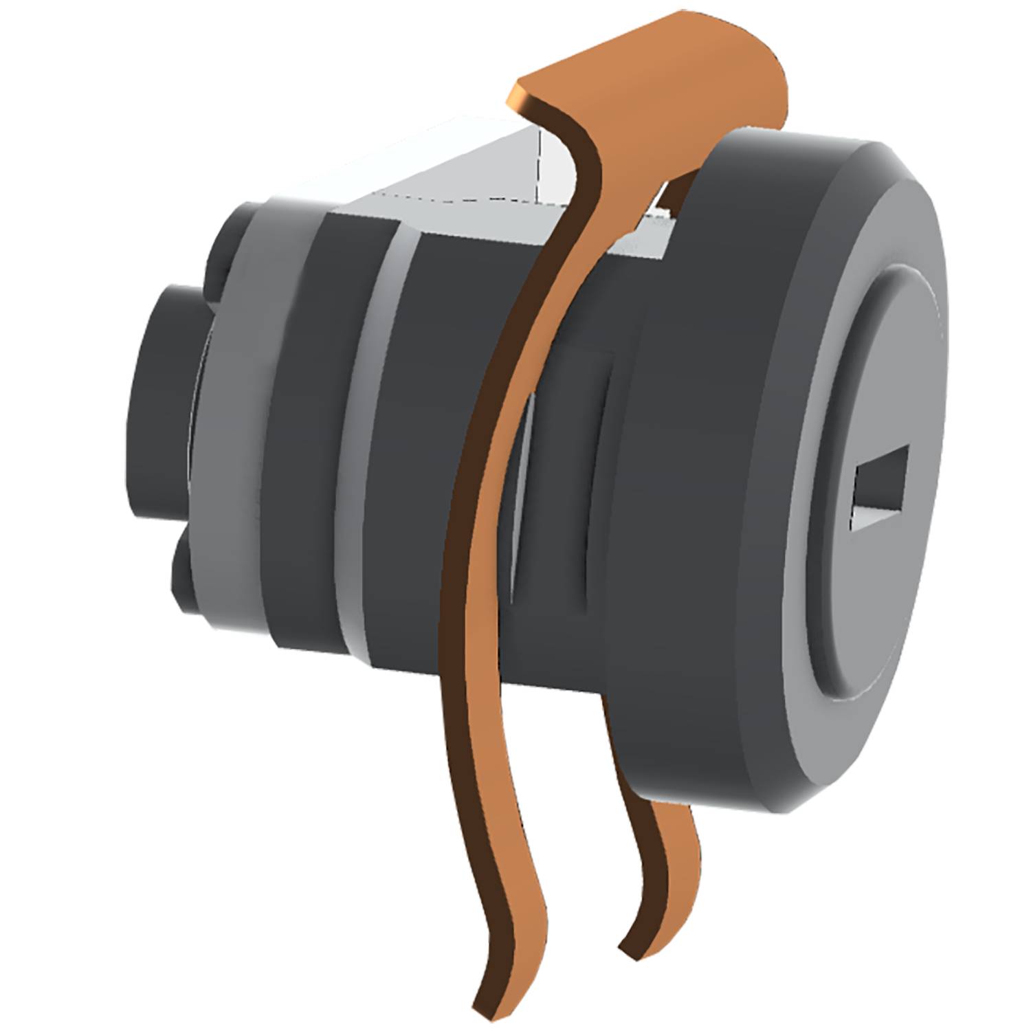 Eine 3D-Darstellung eines kreisförmigen mechanischen Teils mit einer geschwungenen, kupferfarbenen Anhaftung auf schwarzem Hintergrund.