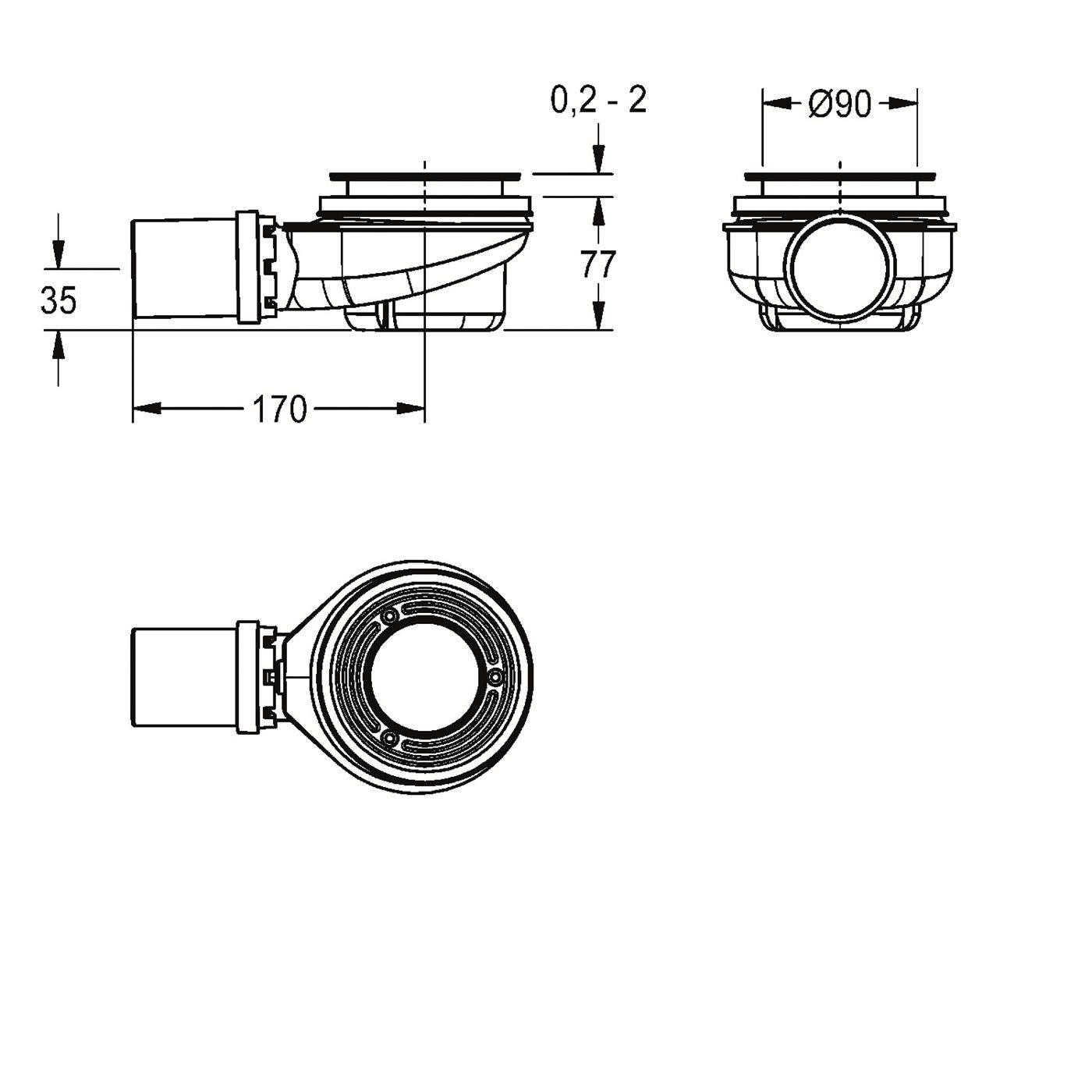 Technische Zeichnung einer Toilettenfalle mit Seiten-, Front- und Draufsicht mit Abmessungen: 170 mm Länge, 35 mm Höhe, 77 mm Tiefe, Ø90 mm Öffnung und 0,2–2 mm Spiel.
